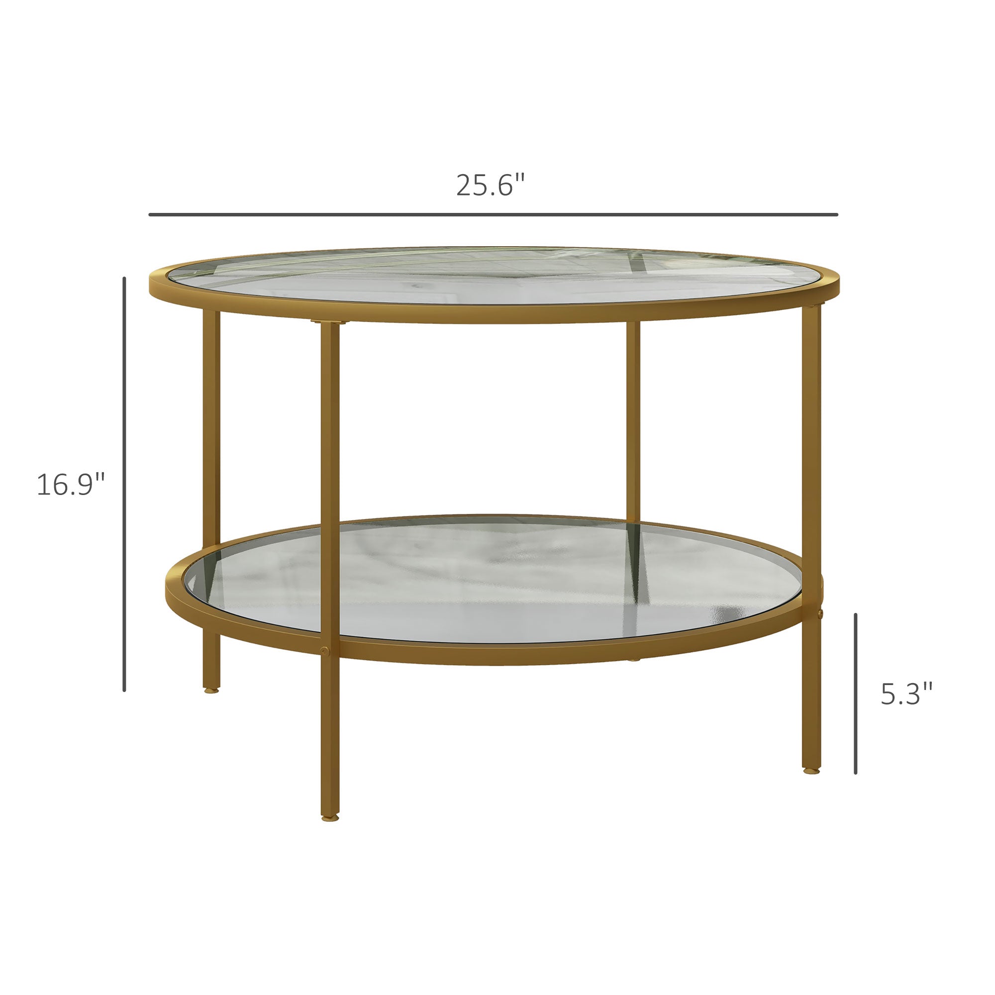 26" Round End Table w/ Storage, 2-Tier Tempered Glass Coffee Table w/ Steel Frame, Gold