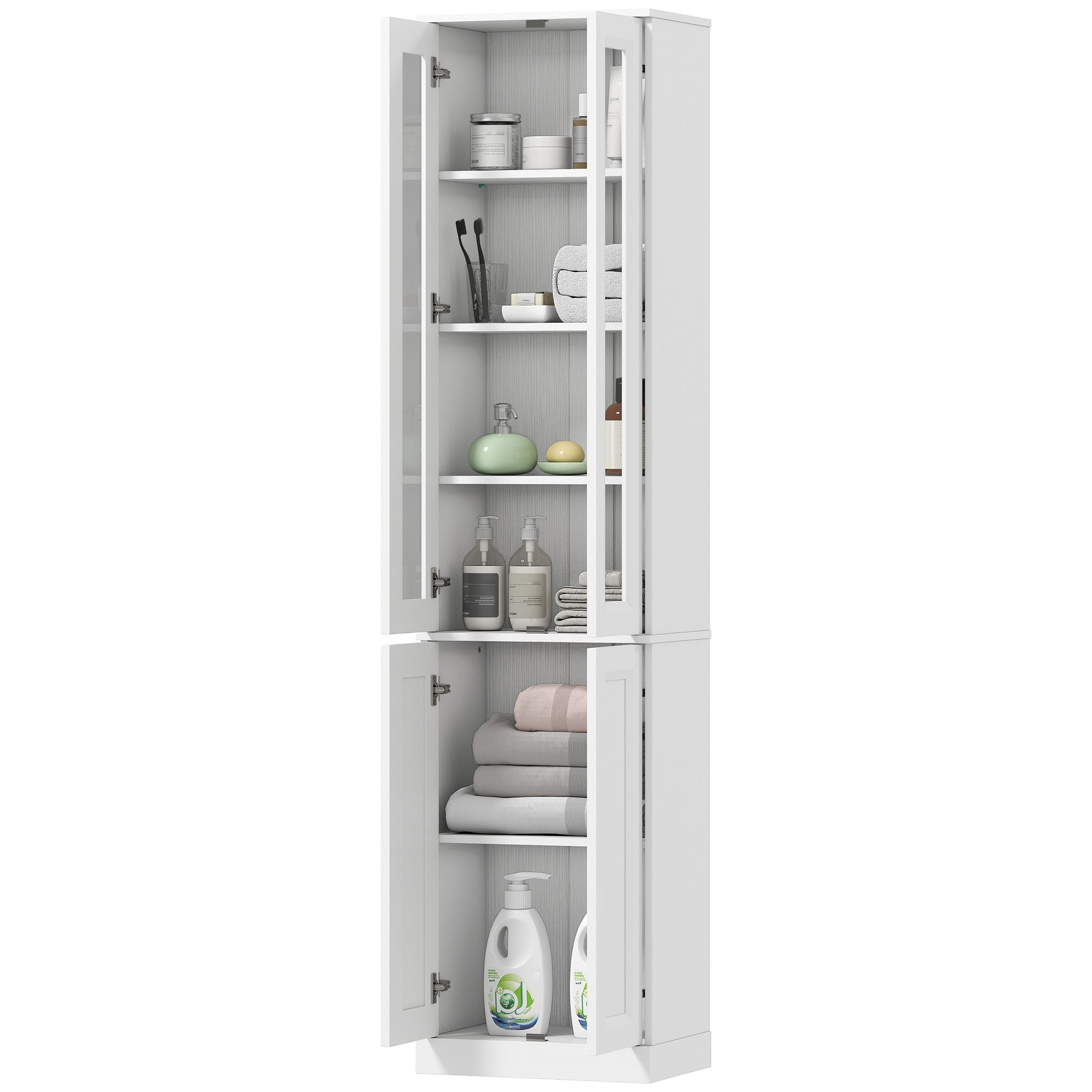 Tall Bathroom Storage Cabinet, 6-Tier Slim Freestanding Bathroom Cabinet with Adjustable Shelf, 4 Soft-Close Doors, Storage Unit for Small Space, 38 x 26 x 160 cm, White