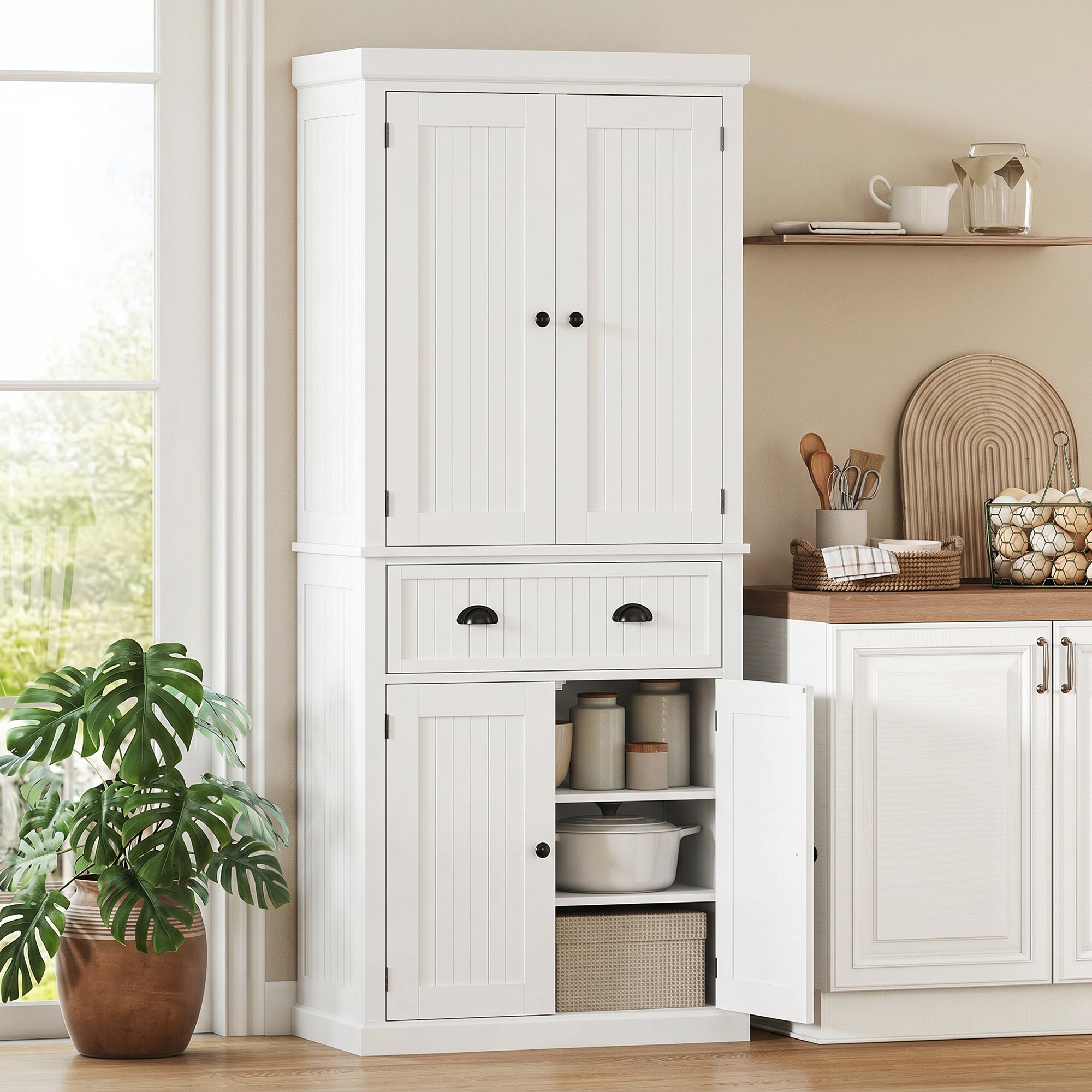 72" Tall Kitchen Pantry Cabinet, Modern Farmhouse Buffet Storage Cabinet with 4 Beadboard Doors, Drawer and Adjustable Shelves, White
