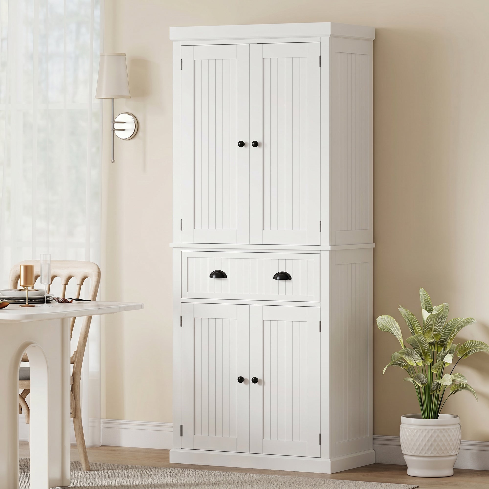 72" Tall Kitchen Pantry Cabinet, Modern Farmhouse Buffet Storage Cabinet with 4 Beadboard Doors, Drawer and Adjustable Shelves, White