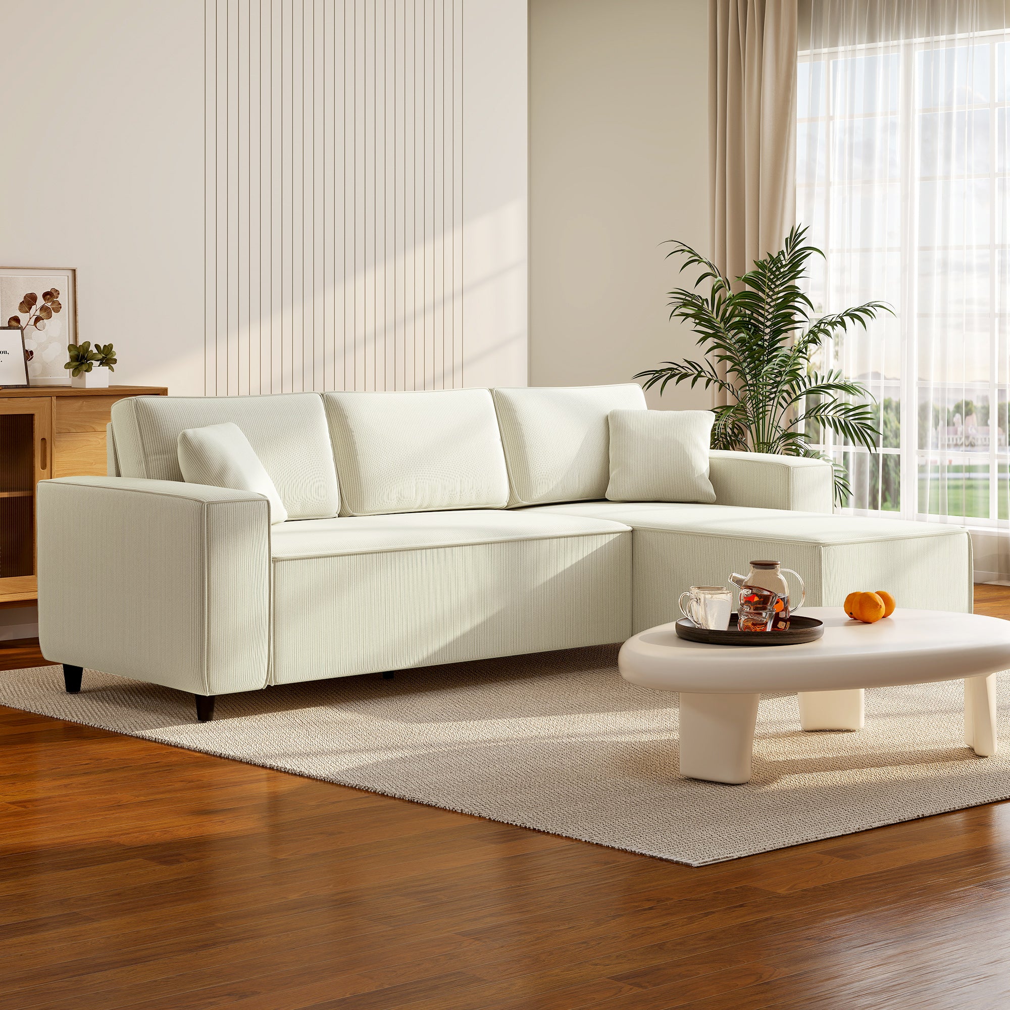 95" Sectional Sofa with Reversible Chaise Lounge, L-Shaped Corner Sofa with Corduroy Fabric, Pocket Spring, 2 Pillows, Wide Arm, Thick Padded, 3 Seat Couch for Living Room, Cream White