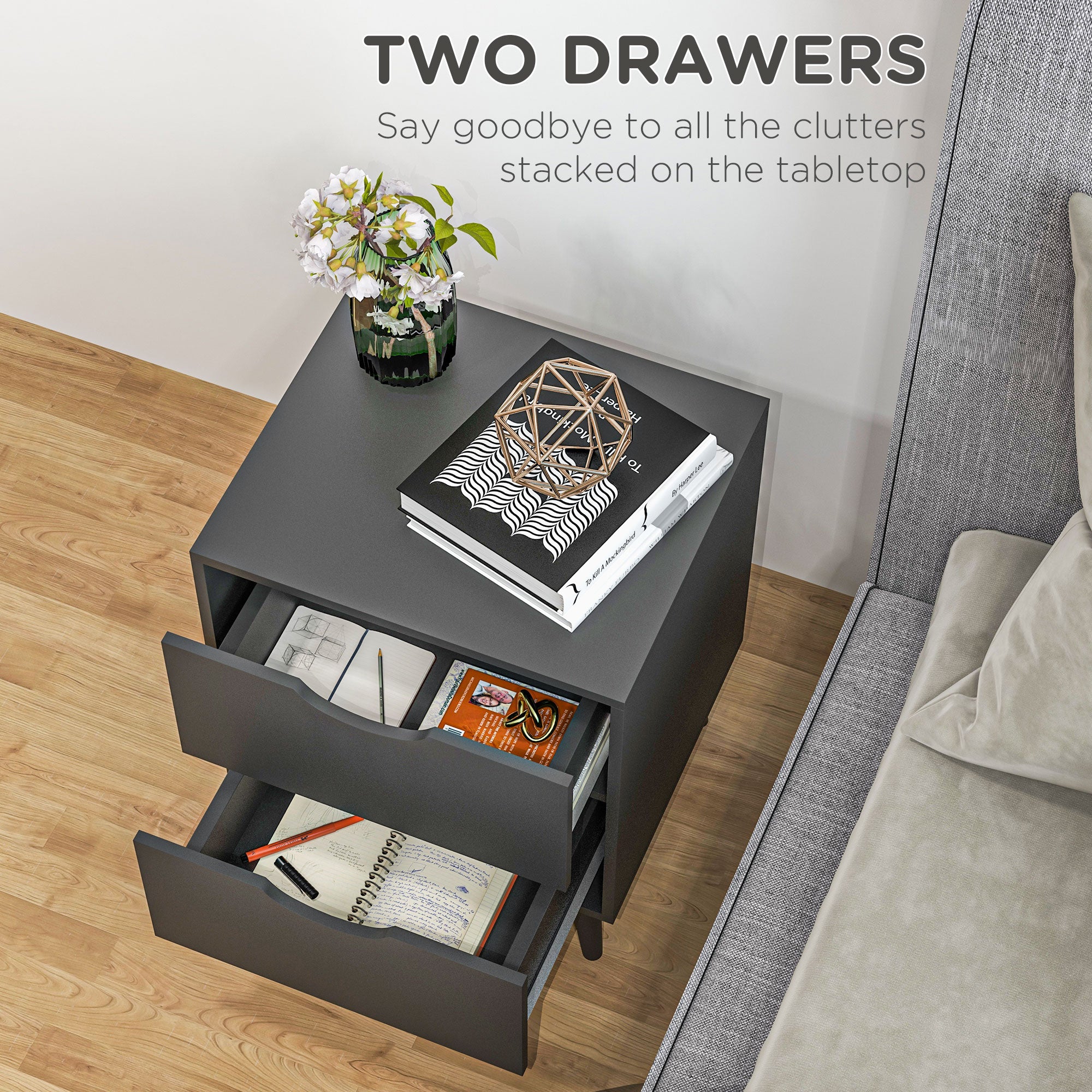 HOMCOM Modern Nightstand, Bedside Table with 2 Drawers, End Table with Wood Legs for Bedroom, Black