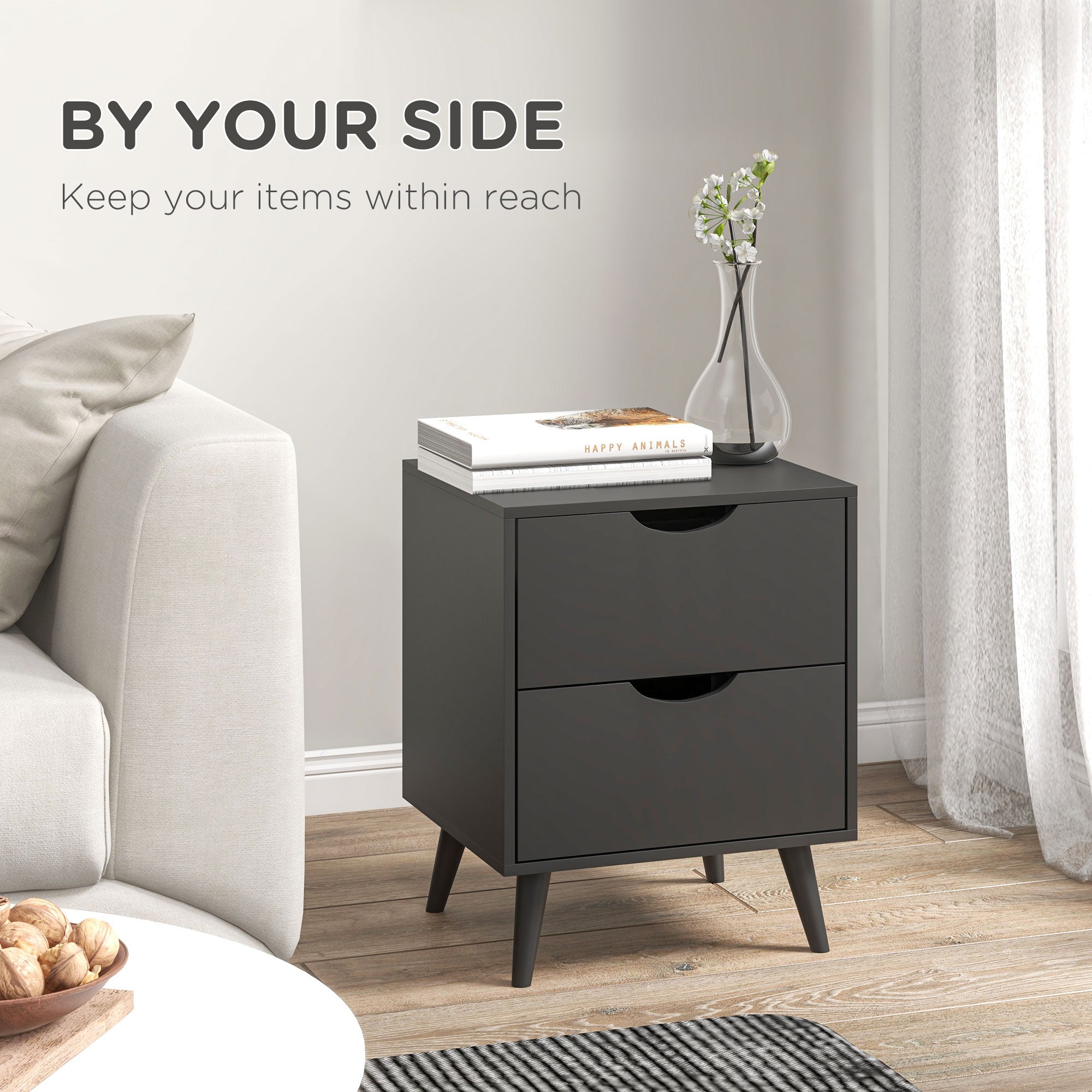 HOMCOM Modern Nightstand, Bedside Table with 2 Drawers, End Table with Wood Legs for Bedroom, Black