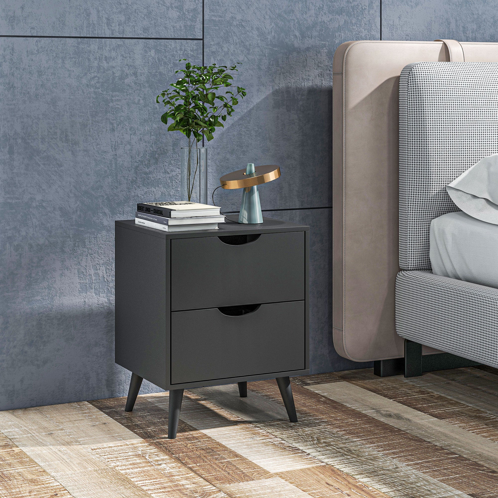 HOMCOM Modern Nightstand, Bedside Table with 2 Drawers, End Table with Wood Legs for Bedroom, Black