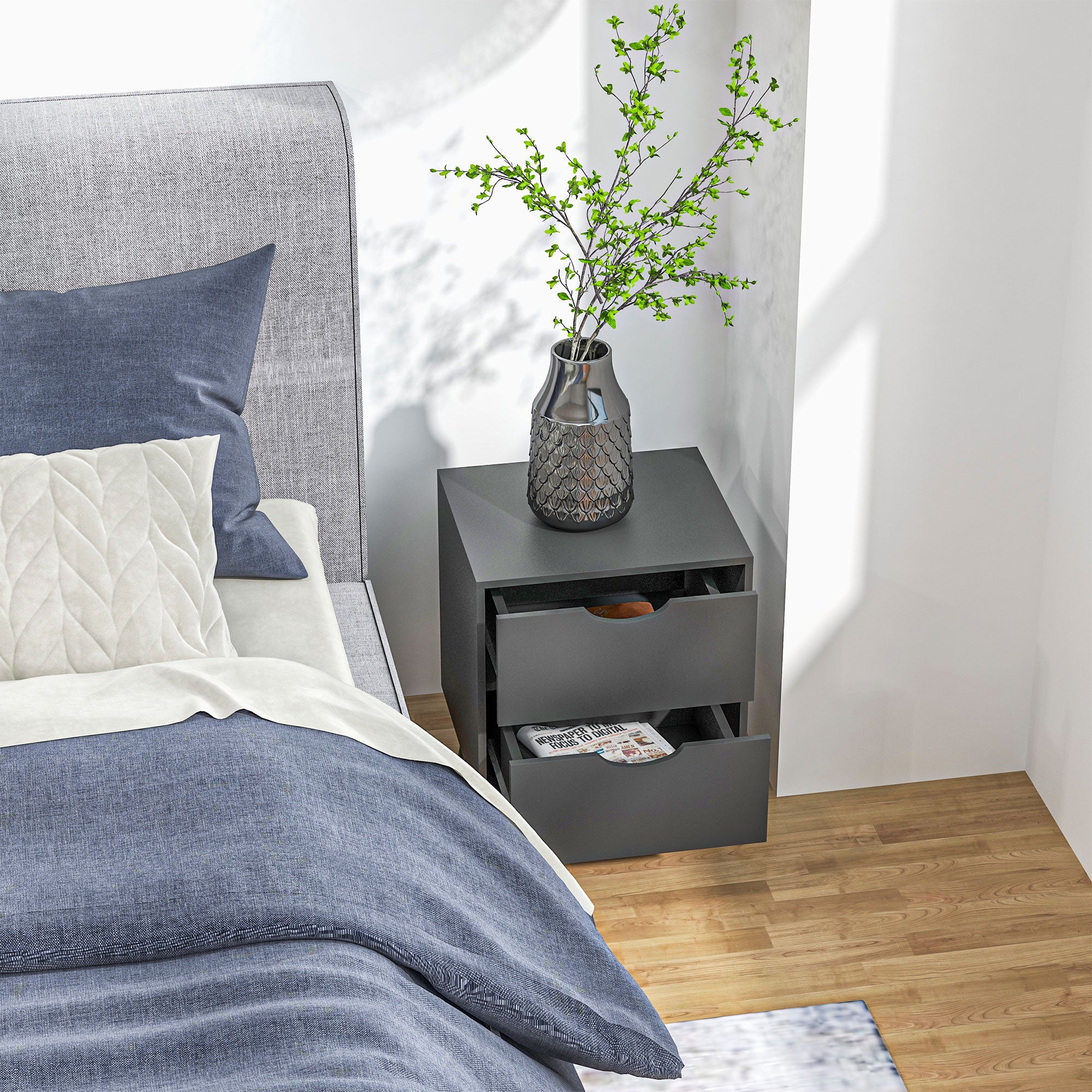 HOMCOM Modern Nightstand, Bedside Table with 2 Drawers, End Table with Wood Legs for Bedroom, Black