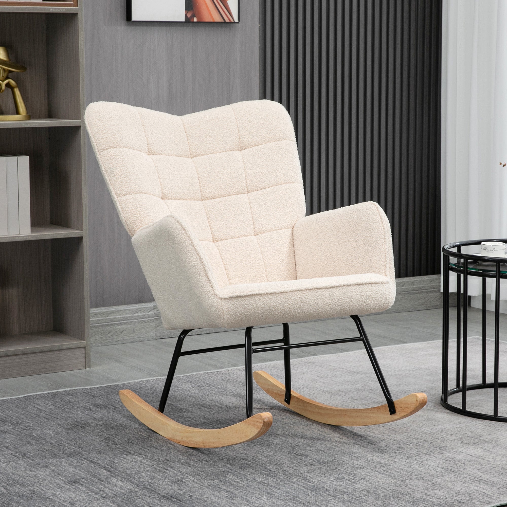 HOMCOM Wingback Rocking Chair with Wooden Base, Fleece Glider Rocker for Nursing, Modern Armchair - Beige