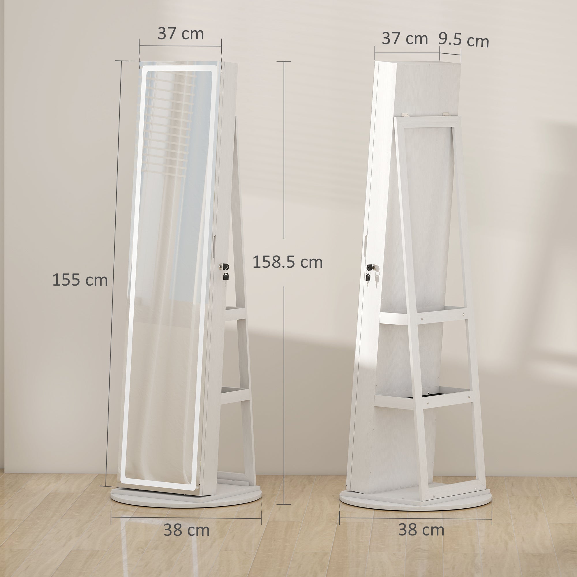 360° Swivel Mirror Jewellery Cabinet with 3 Colour LED Lights, Lockable Jewellery Organiser, Free Standing Full Length Mirror with Storage for Earrings, Necklaces, Rings and Lipsticks, White