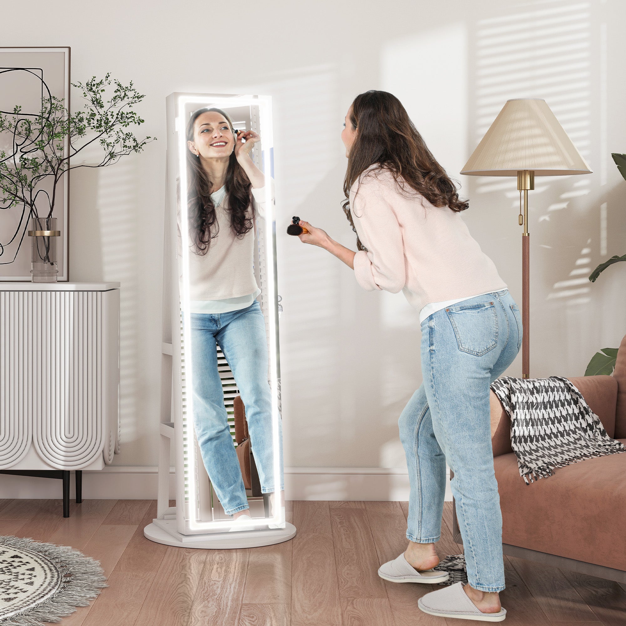 360° Swivel Mirror Jewellery Cabinet with 3 Colour LED Lights, Lockable Jewellery Organiser, Free Standing Full Length Mirror with Storage for Earrings, Necklaces, Rings and Lipsticks, White