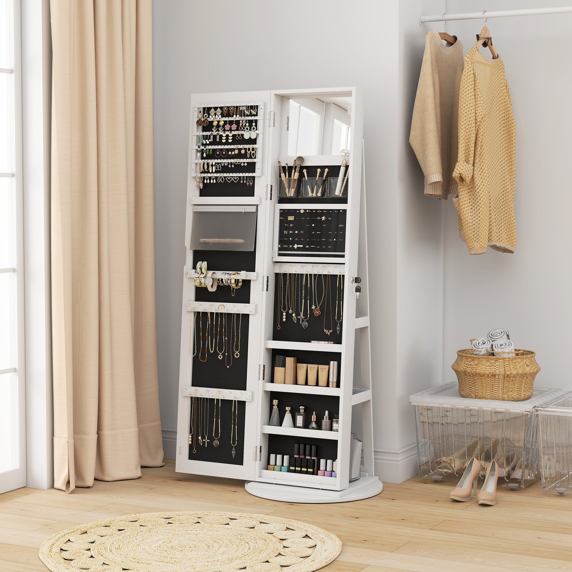 360° Swivel Mirror Jewellery Cabinet with 3 Colour LED Lights, Lockable Jewellery Organiser, Free Standing Full Length Mirror with Storage for Earrings, Necklaces, Rings and Lipsticks, White