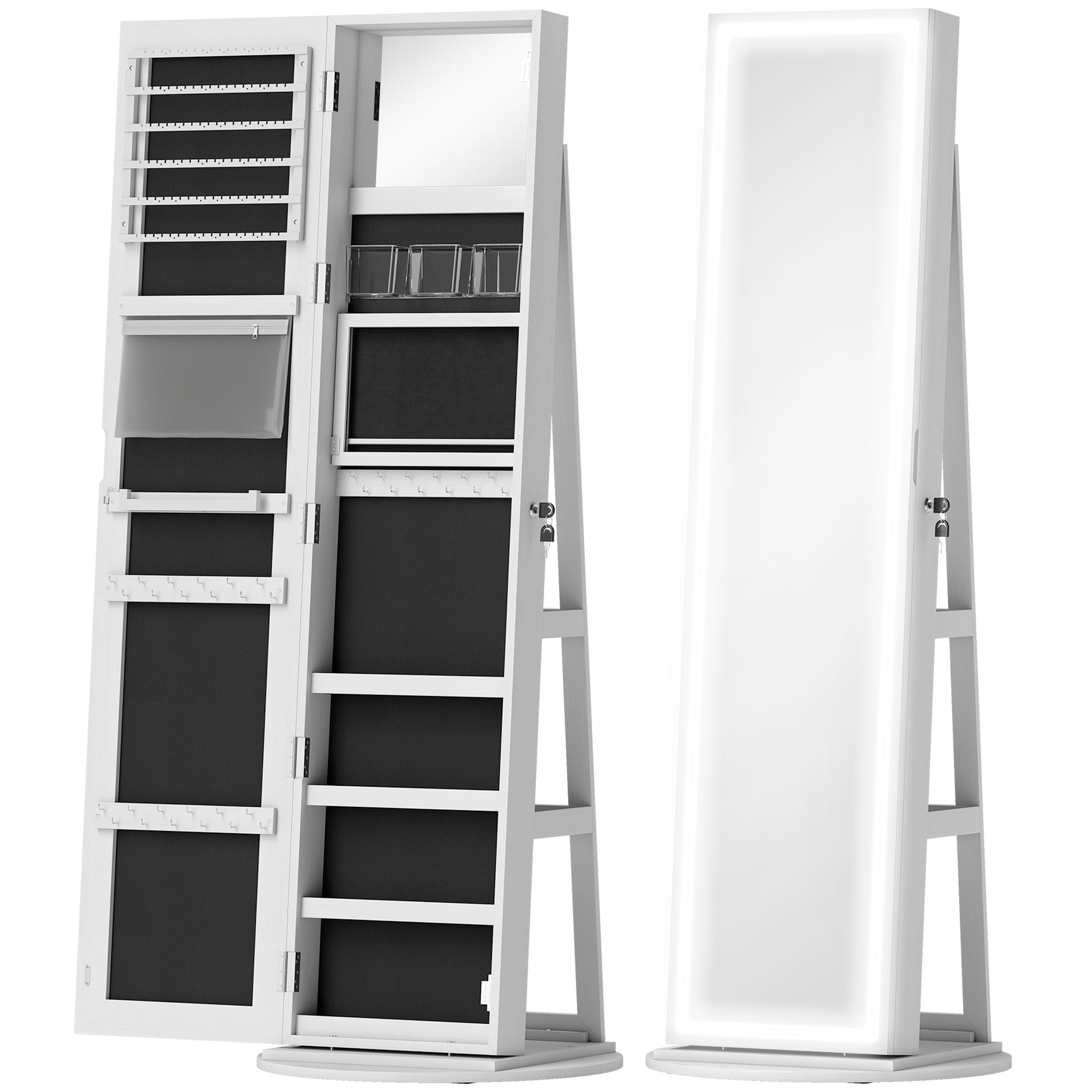 360° Swivel Mirror Jewellery Cabinet with 3 Colour LED Lights, Lockable Jewellery Organiser, Free Standing Full Length Mirror with Storage for Earrings, Necklaces, Rings and Lipsticks, White
