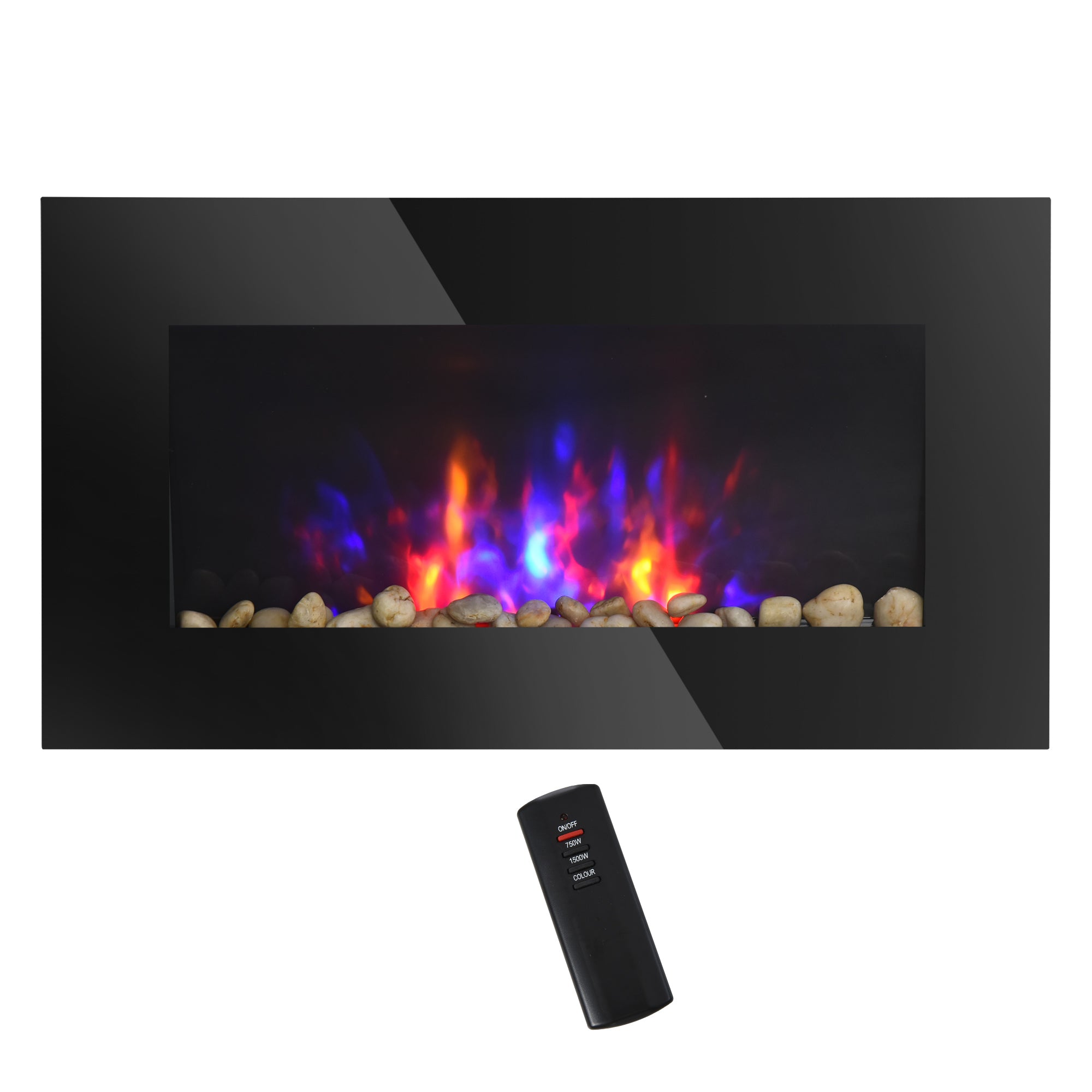 28 Inch Electric Fireplace, Wall Mounted Fireplace with Patented 7 Colour Adjustable LED Flame Effect, Remote Control, 2 Modes Heat, 750/1500W Heater for Living Room, Black