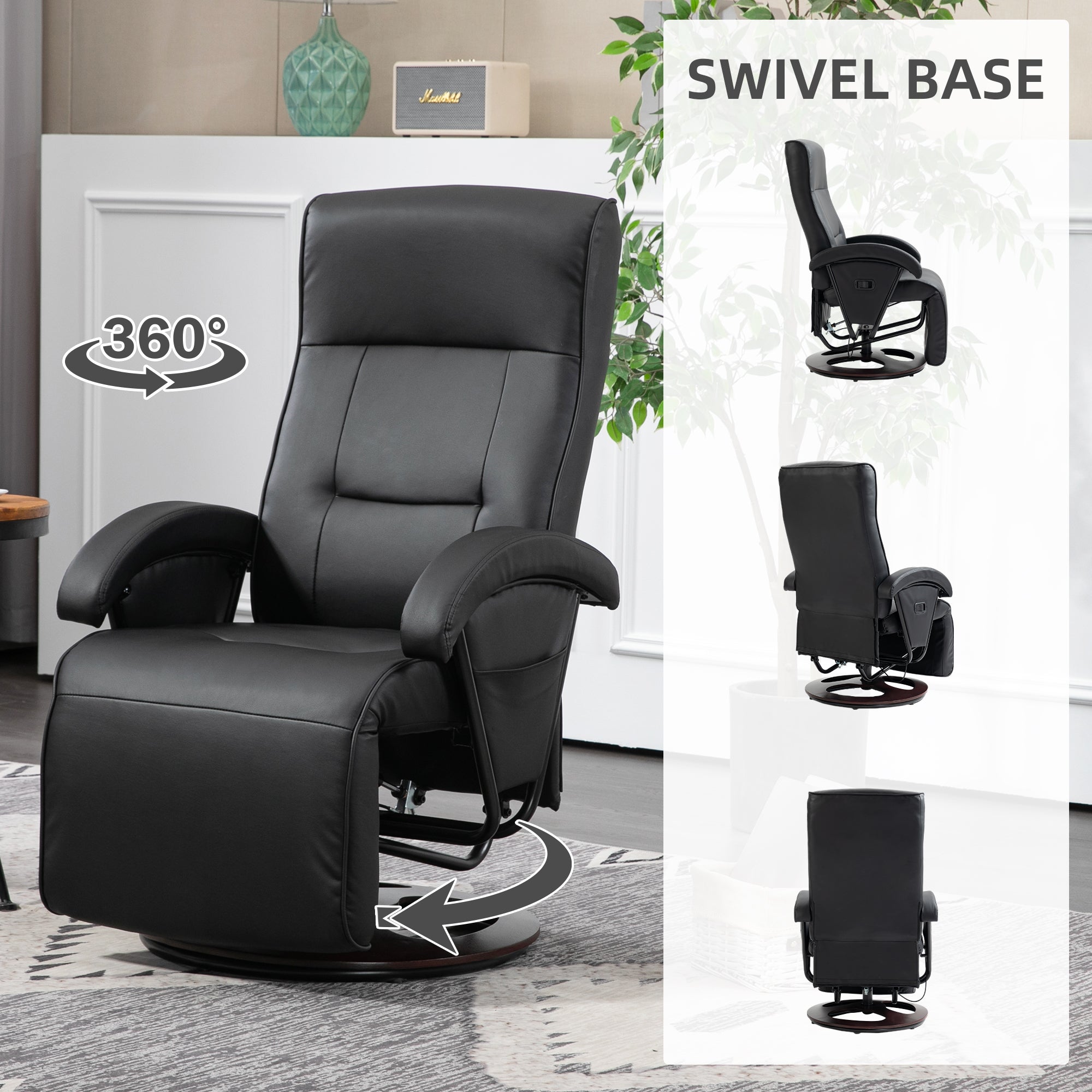 Swivel Recliner Chair with Footrest and Armrest, Black