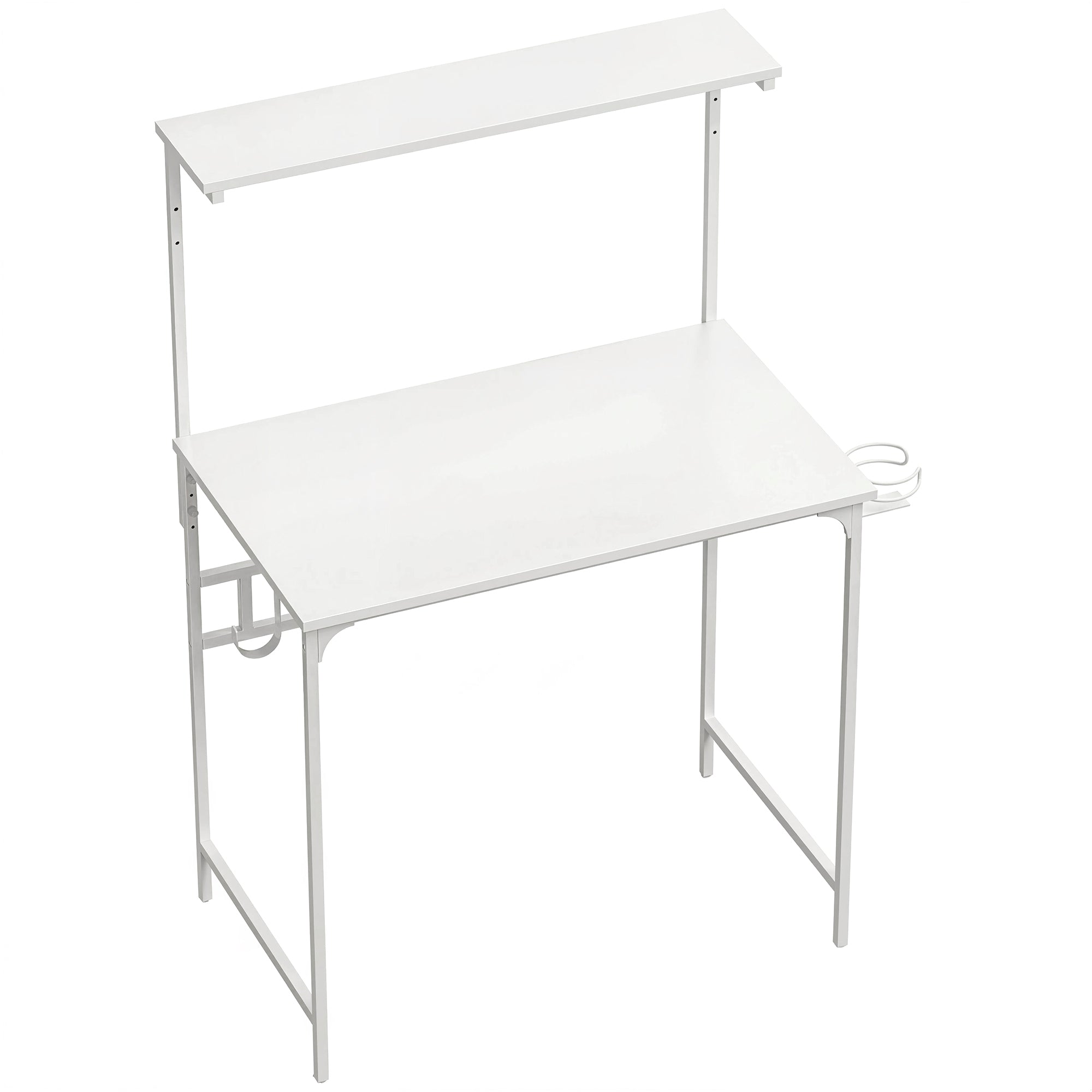 Computer Desk, 80cm Home Office Study Table with Hutch Shelf, Cup Holder, Headphone Hook, Metal Frame, Space Saving Writing Desk, White
