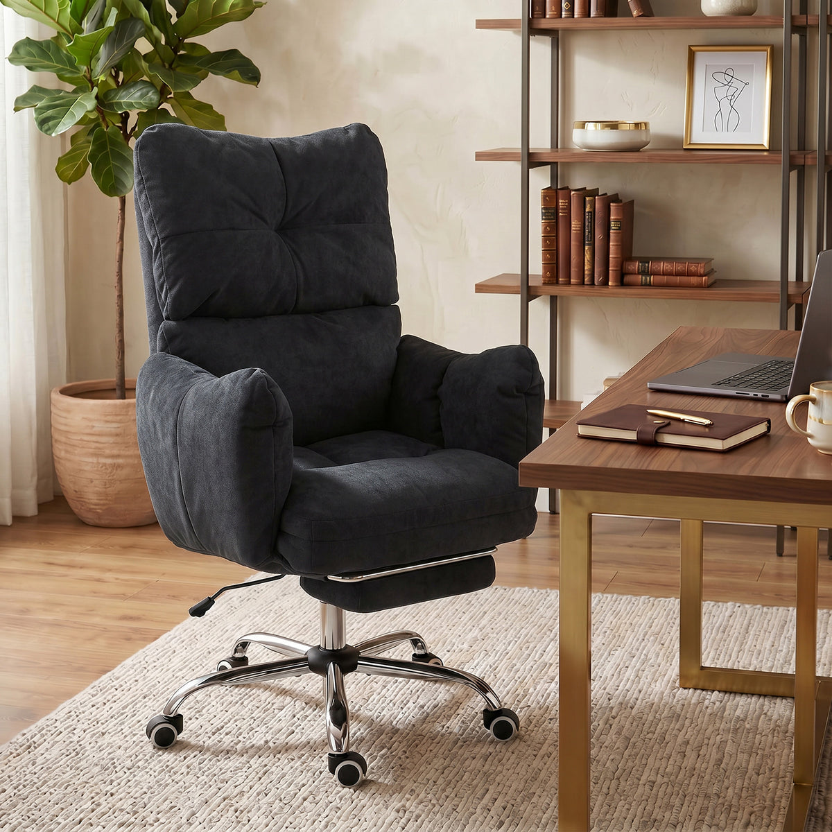 Office Chair with Foot Rest, Ergonomic Reclining Computer Gaming Chair with Snow Flannel Fabric, Thick Cushion, Padded Armrest, High Back and Adjustable Height, Black