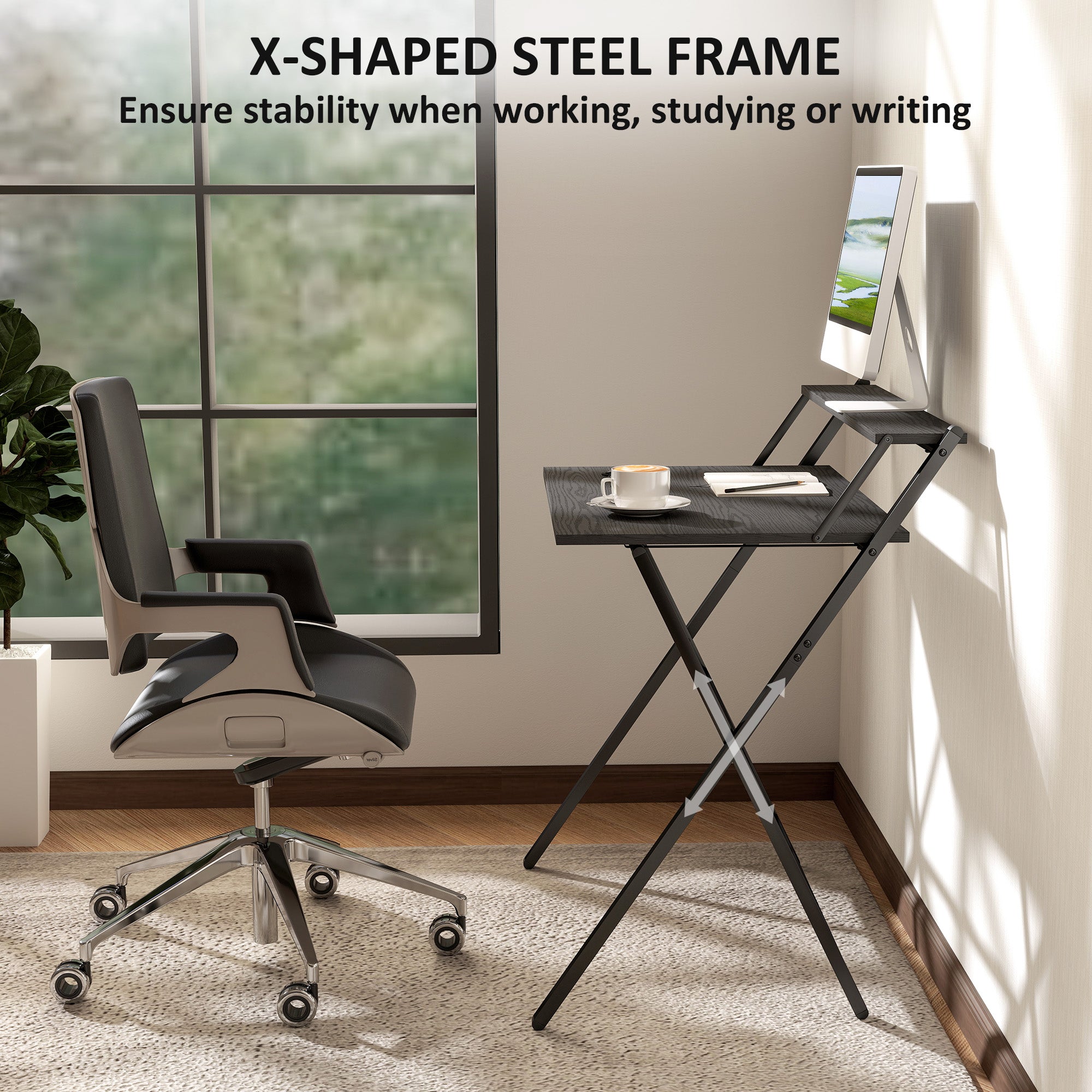 Folding Desk with Monitor Shelf, 81.5 cm Foldable Computer Desk for Small Spaces, Space Saving Writing Table Workstation for Home Office, Study, Easy Assembly, Black