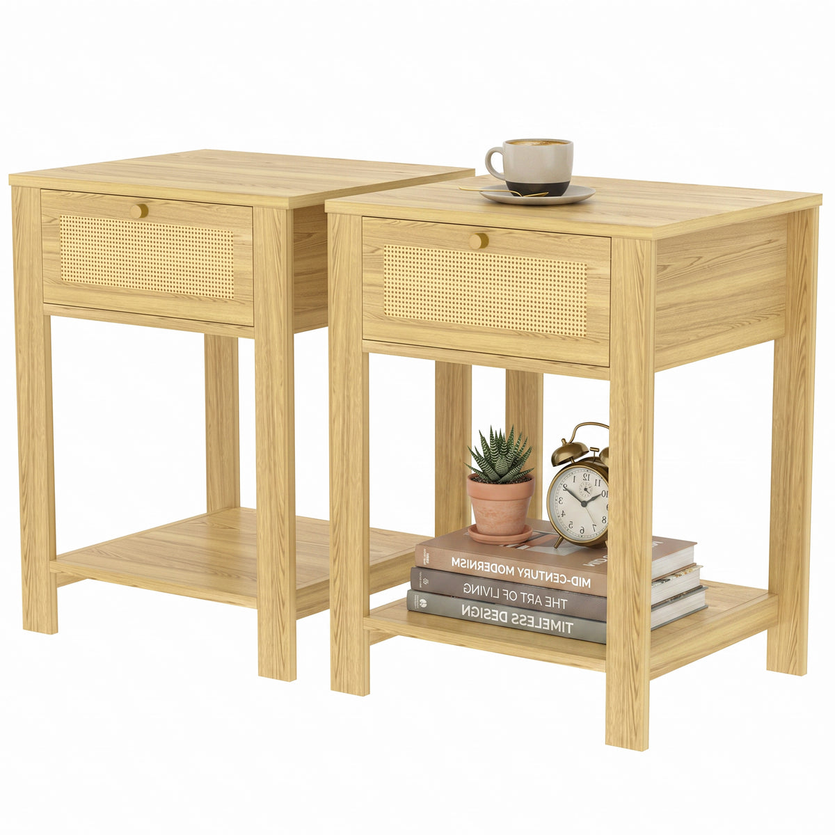 Nightstand Set of 2, Bedside Table Set with Drawer and Open Storage Shelf, Side End Table with Storage for Bedroom, Living Room, Natural Wood