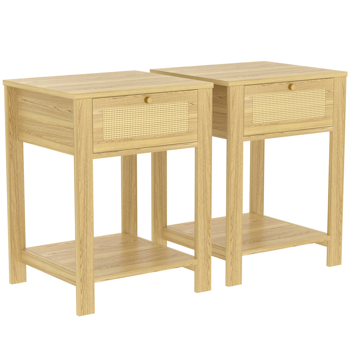Nightstand Set of 2, Bedside Table Set with Drawer and Open Storage Shelf, Side End Table with Storage for Bedroom, Living Room, Natural Wood