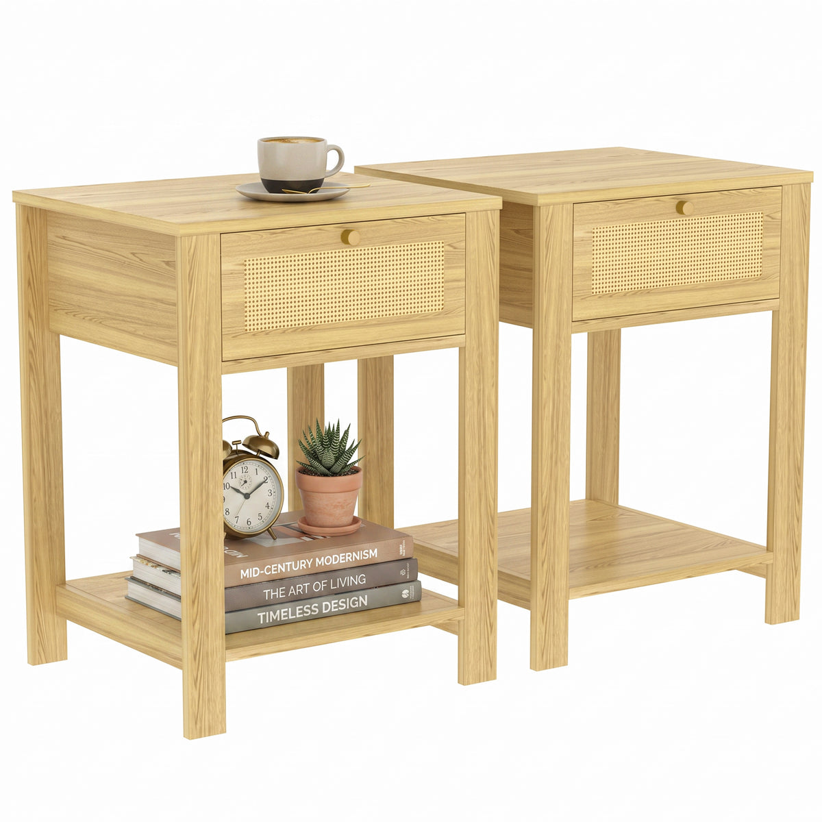 Nightstand Set of 2, Bedside Table Set with Drawer and Open Storage Shelf, Side End Table with Storage for Bedroom, Living Room, Natural Wood