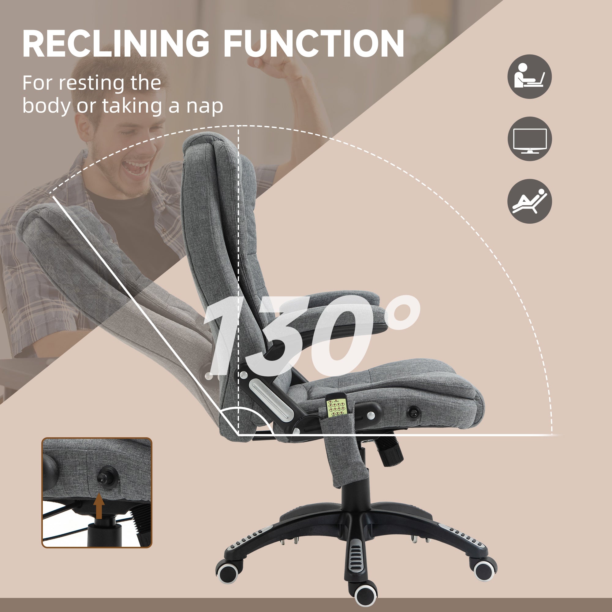 Vinsetto Office Chair, Ergonomic Desk Chair with 6-Point Massage and Back Heated, Linen-Feel Fabric Computer Gaming Chair with Arms, Lumbar Support, Grey