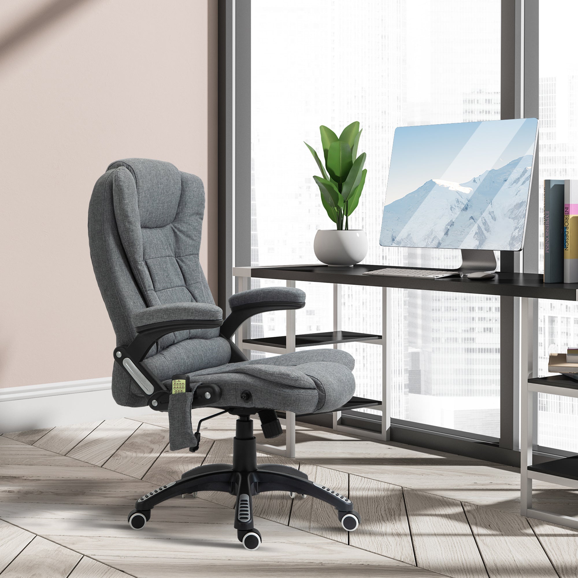 Vinsetto Office Chair, Ergonomic Desk Chair with 6-Point Massage and Back Heated, Linen-Feel Fabric Computer Gaming Chair with Arms, Lumbar Support, Grey