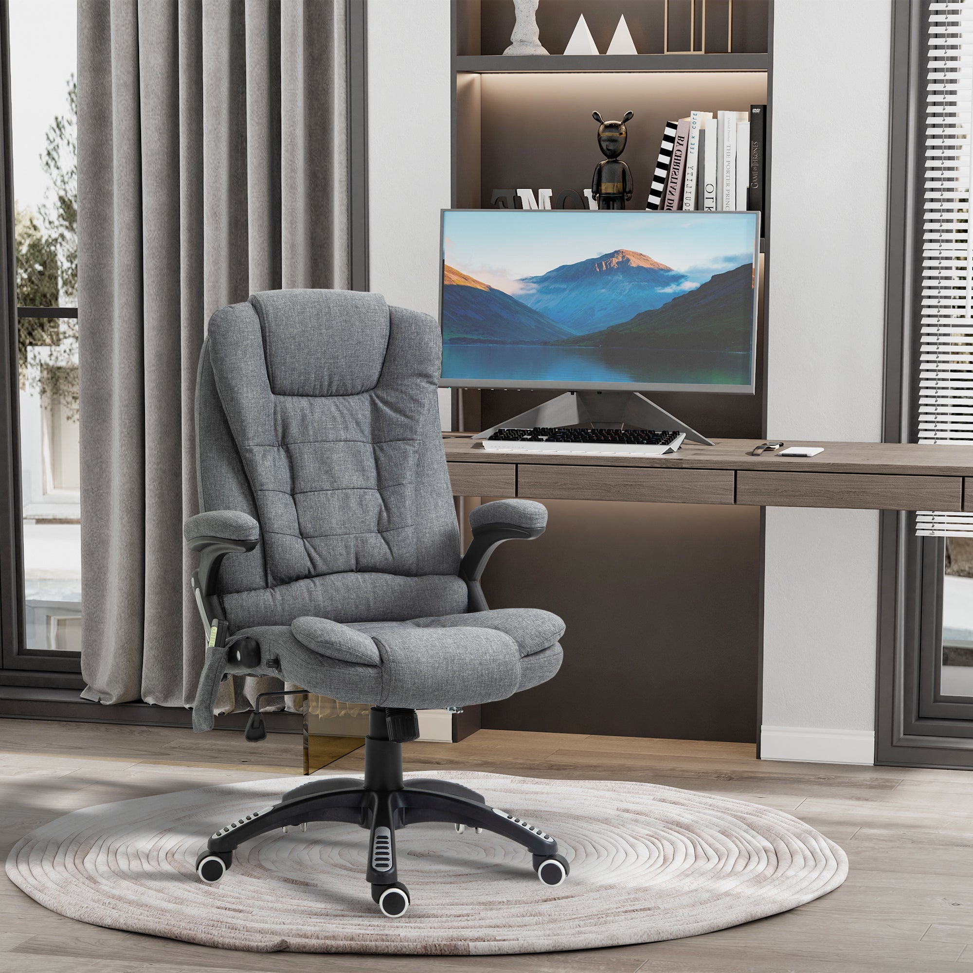 Vinsetto Office Chair, Ergonomic Desk Chair with 6-Point Massage and Back Heated, Linen-Feel Fabric Computer Gaming Chair with Arms, Lumbar Support, Grey