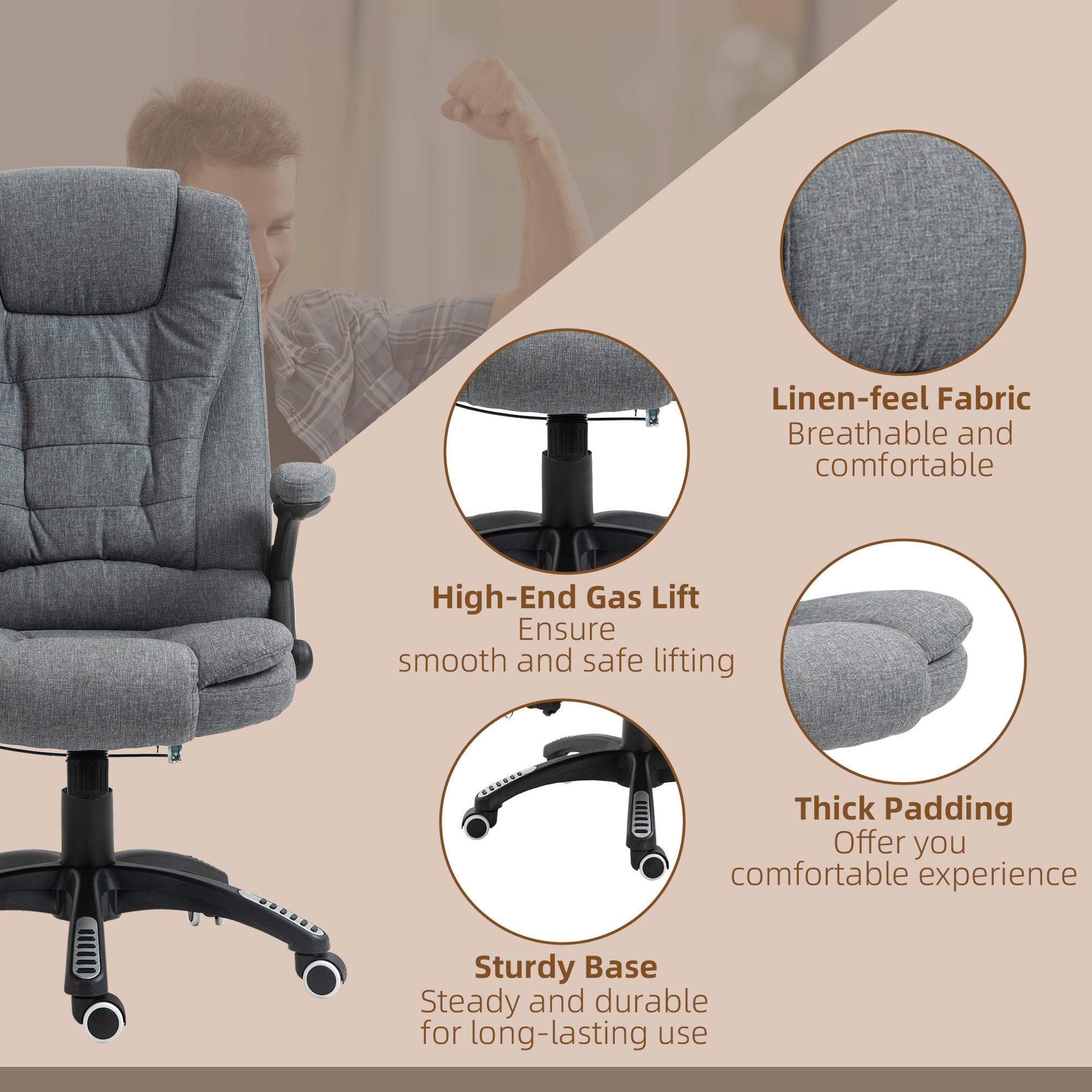Vinsetto Office Chair, Ergonomic Desk Chair with 6-Point Massage and Back Heated, Linen-Feel Fabric Computer Gaming Chair with Arms, Lumbar Support, Grey