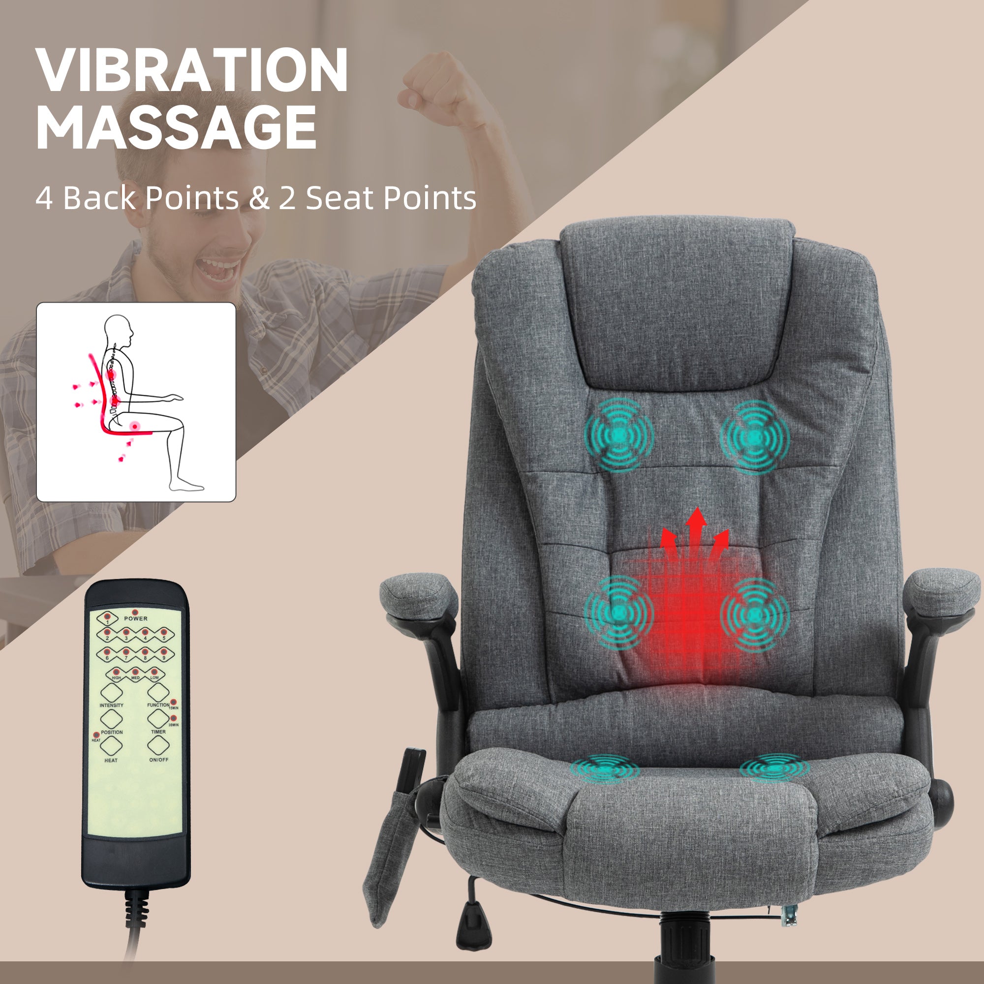 Vinsetto Office Chair, Ergonomic Desk Chair with 6-Point Massage and Back Heated, Linen-Feel Fabric Computer Gaming Chair with Arms, Lumbar Support, Grey