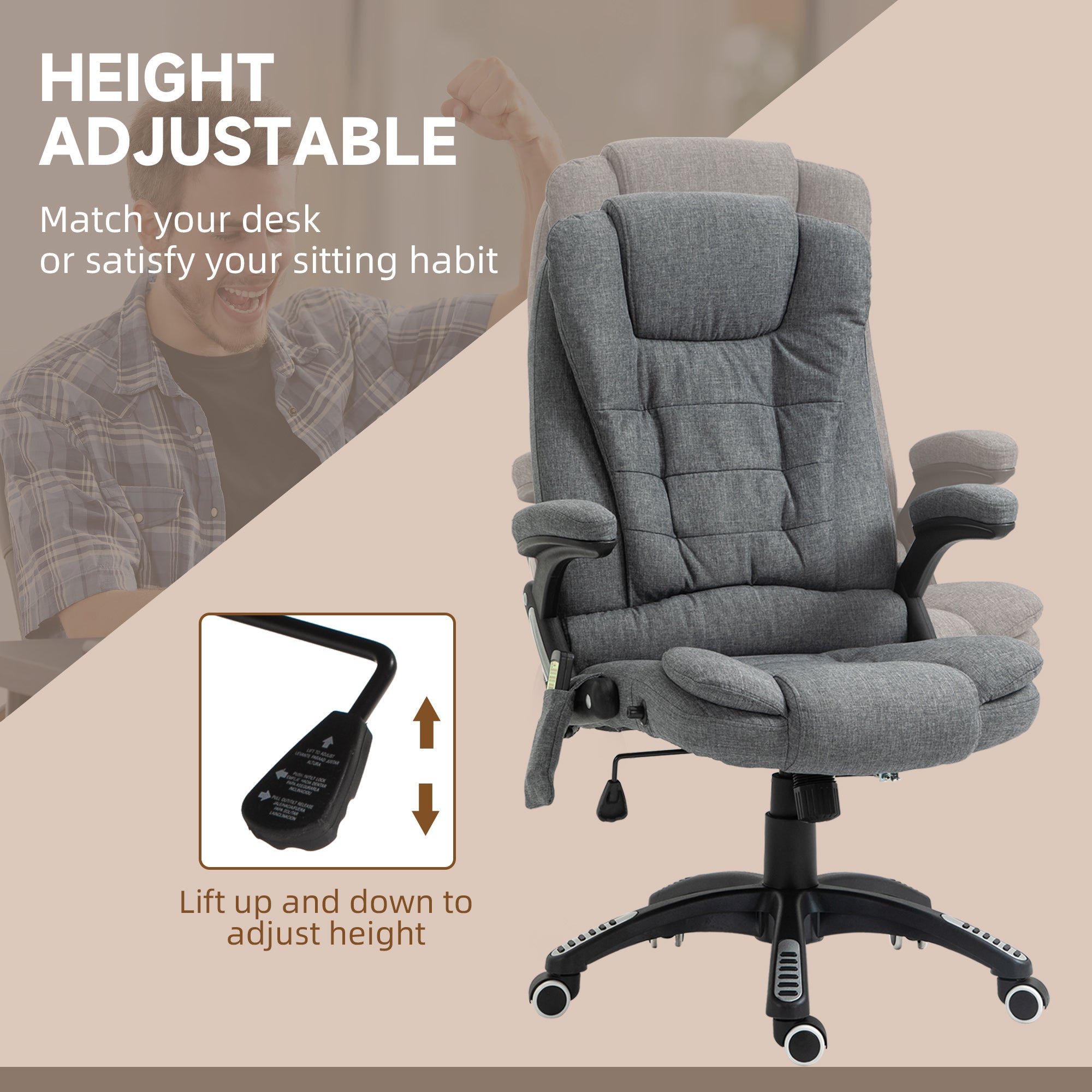 Vinsetto Office Chair, Ergonomic Desk Chair with 6-Point Massage and Back Heated, Linen-Feel Fabric Computer Gaming Chair with Arms, Lumbar Support, Grey