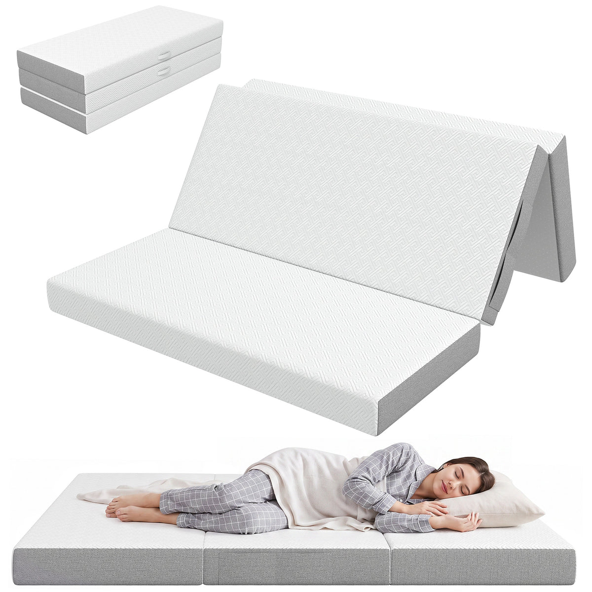 Foldable Mattress Queen Size, 6 Inch Tri Fold Memory Foam Mattress with Washable Cover & Non-Slip Bottom, Portable Floor Bed for RV, Guest, Travel, Camping, 60" x 80" x6"
