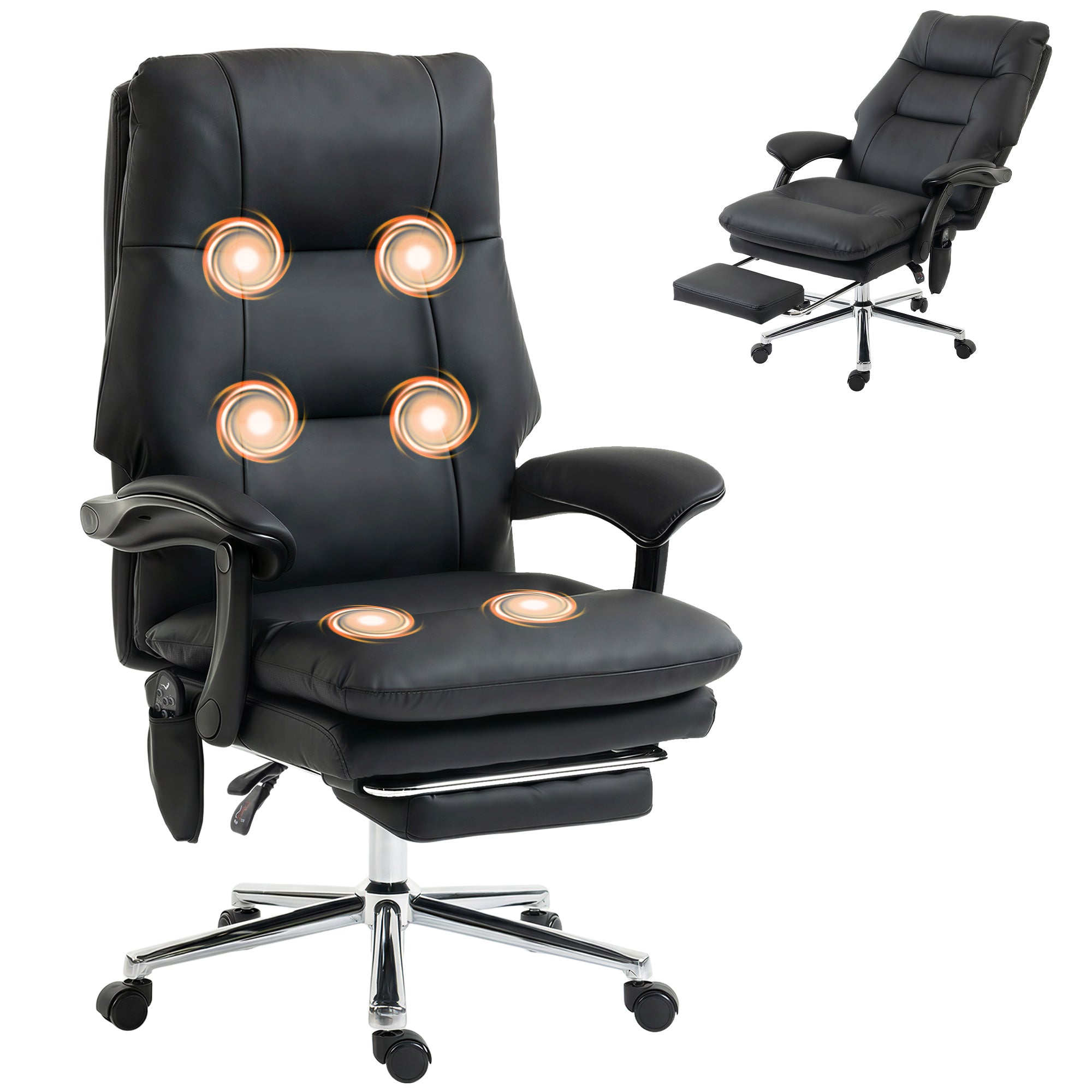 Massage Office Chair with 6-Point Vibration, Pet-Friendly Faux Leather Ergonomic Executive Desk Chair with Double-Layer Spring Cushions, Wide Seat, High Back, Reclining, Footrest, Black