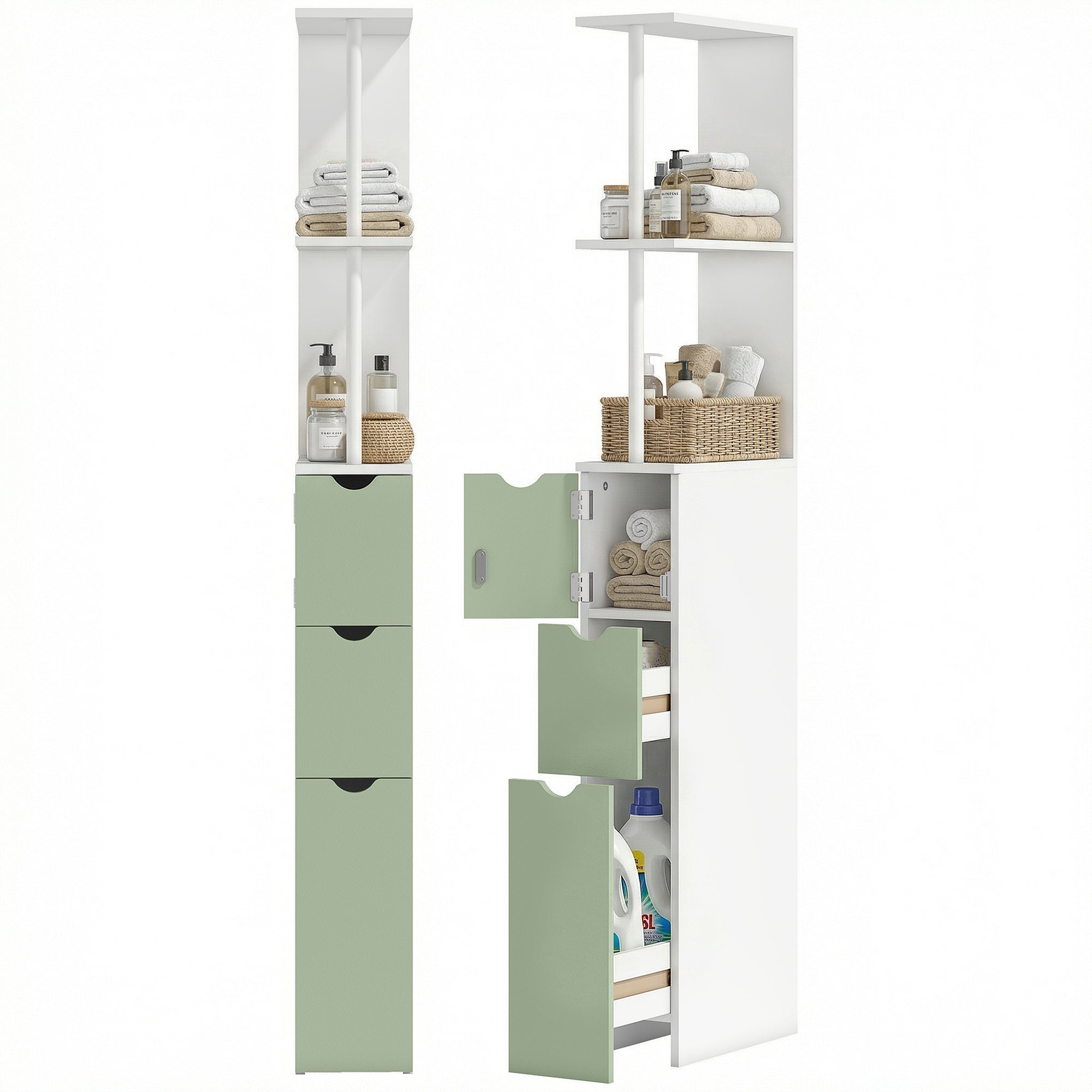 Tall Bathroom Cabinet, Freestanding Slim Bathroom Storage Cabinet with 2-Tier Open Shelf and 2 Drawers for Small Space, Narrow Cupboard Storage Unit, White and Light Green