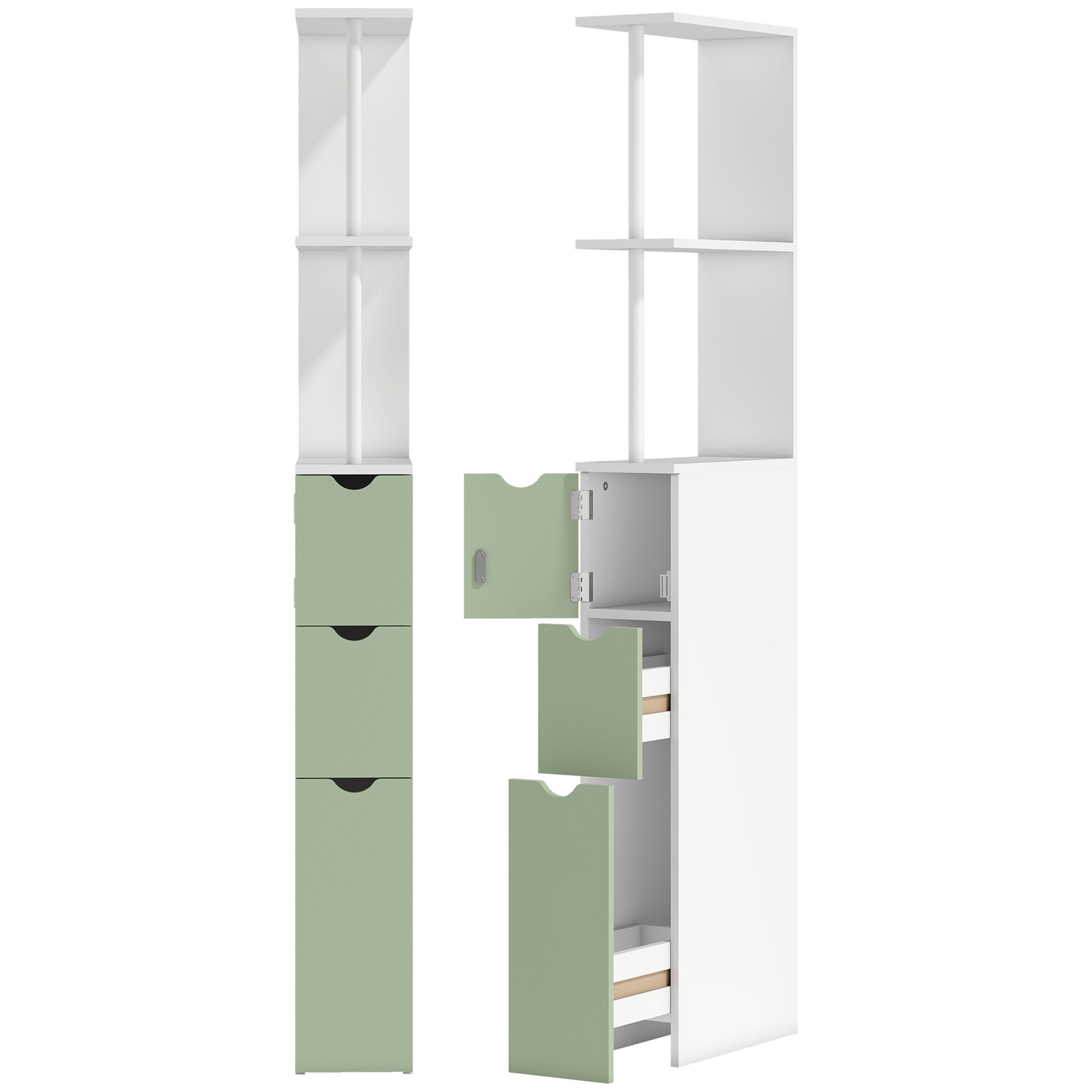 Tall Bathroom Cabinet, Freestanding Slim Bathroom Storage Cabinet with 2-Tier Open Shelf and 2 Drawers for Small Space, Narrow Cupboard Storage Unit, White and Light Green