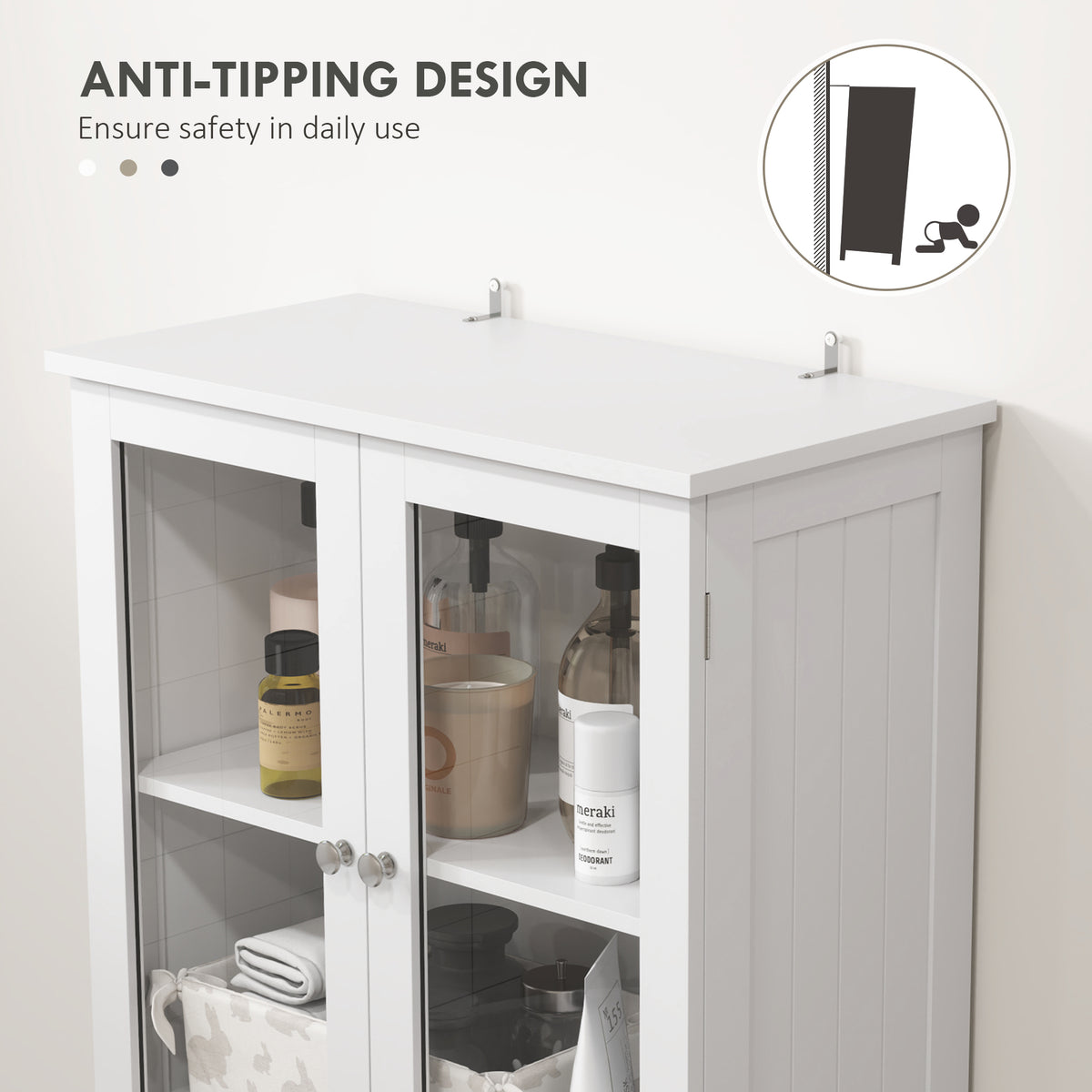 Tall Bathroom Cabinet, Modern Floor Bathroom Storage Cabinet with Glass Doors, Adjustable Shelves, Drawers, Freestanding Linen Tower, White
