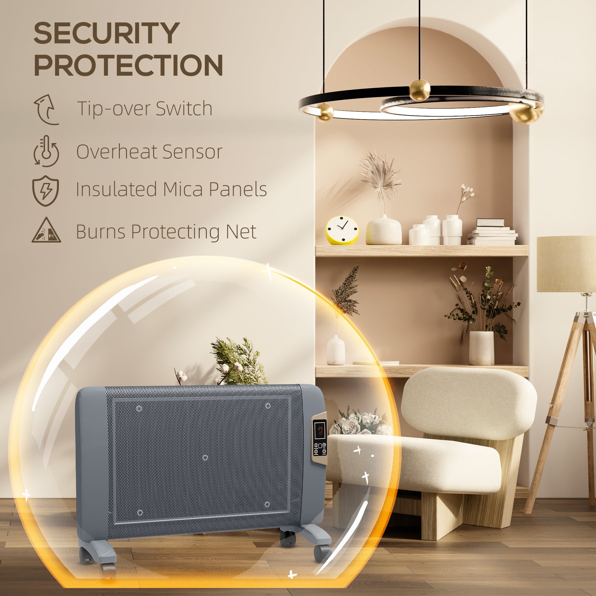 HOMCOM Mica Electric Space Heater, Portable Heater for Home with 2 Heat Settings, Living Room, Study, Garage, Adjustable Temperature 18-30°C, 1000W/2000W, Grey