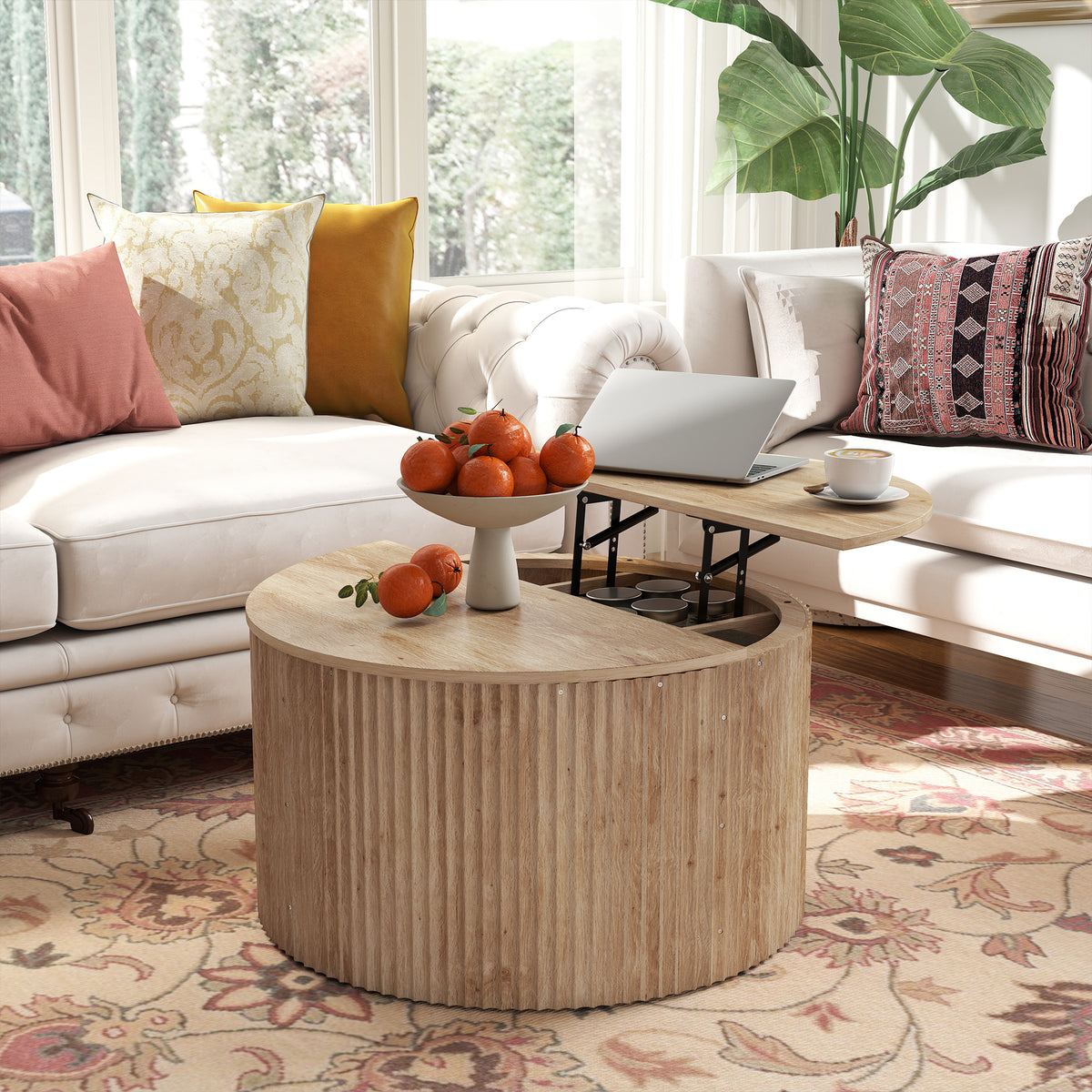 Lift Top Coffee Table, 32" Modern Fluted Round Coffee Table with Hidden Compartments and Soft-Close Hinged Top for Living Room, Natural Wood