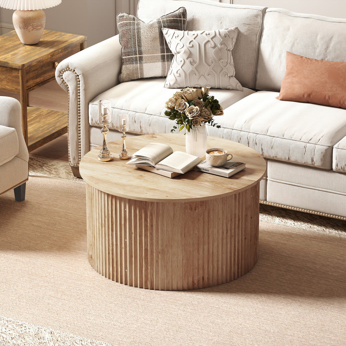 Lift Top Coffee Table, 32" Modern Fluted Round Coffee Table with Hidden Compartments and Soft-Close Hinged Top for Living Room, Natural Wood