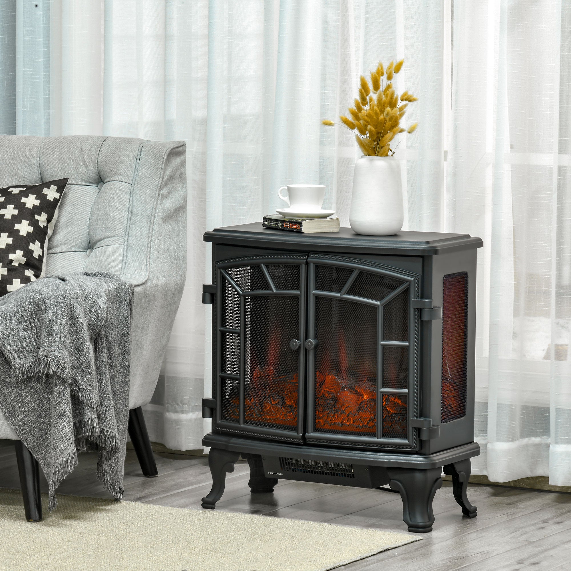 Electric Fireplace Heater, Freestanding Fireplace Stove with Realistic Flame Effect, Timer, Remote, 750W/1500W, Black