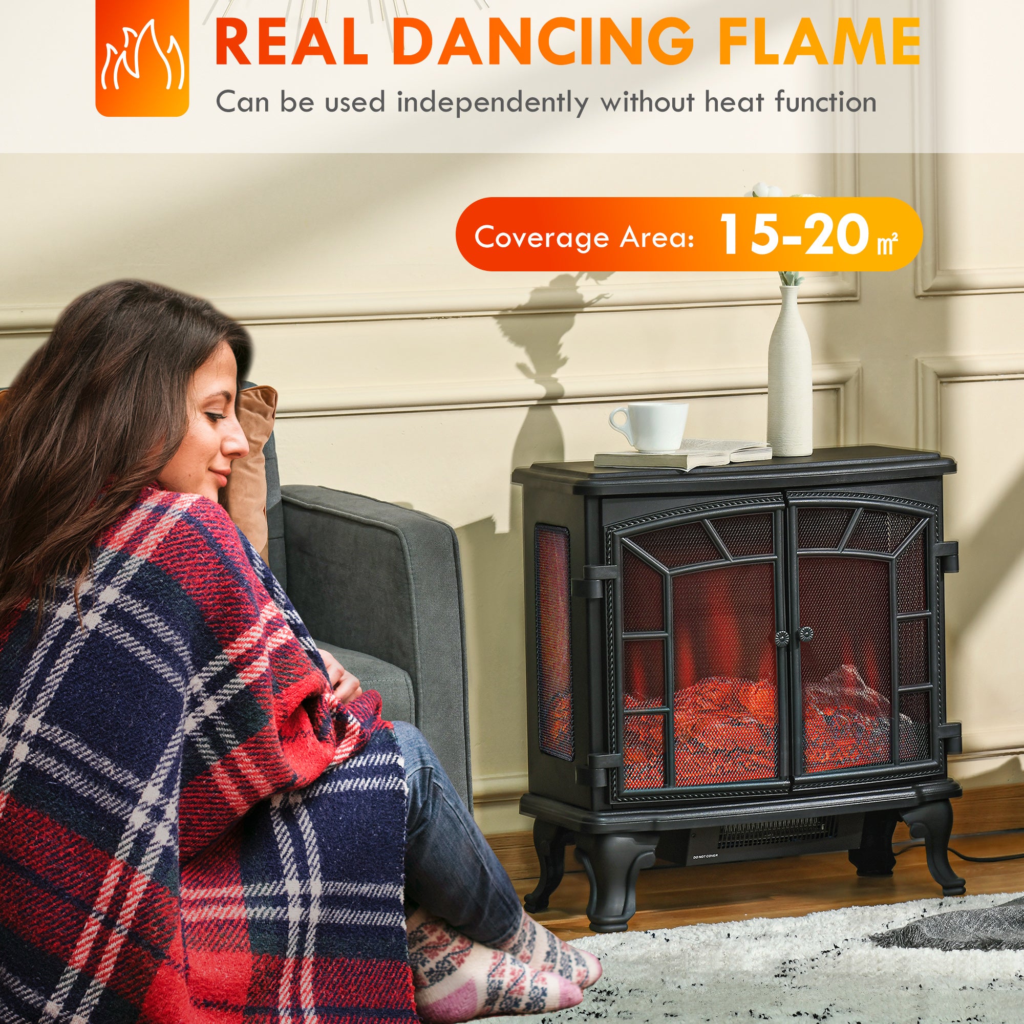 Electric Fireplace Heater, Freestanding Fireplace Stove with Realistic Flame Effect, Timer, Remote, 750W/1500W, Black