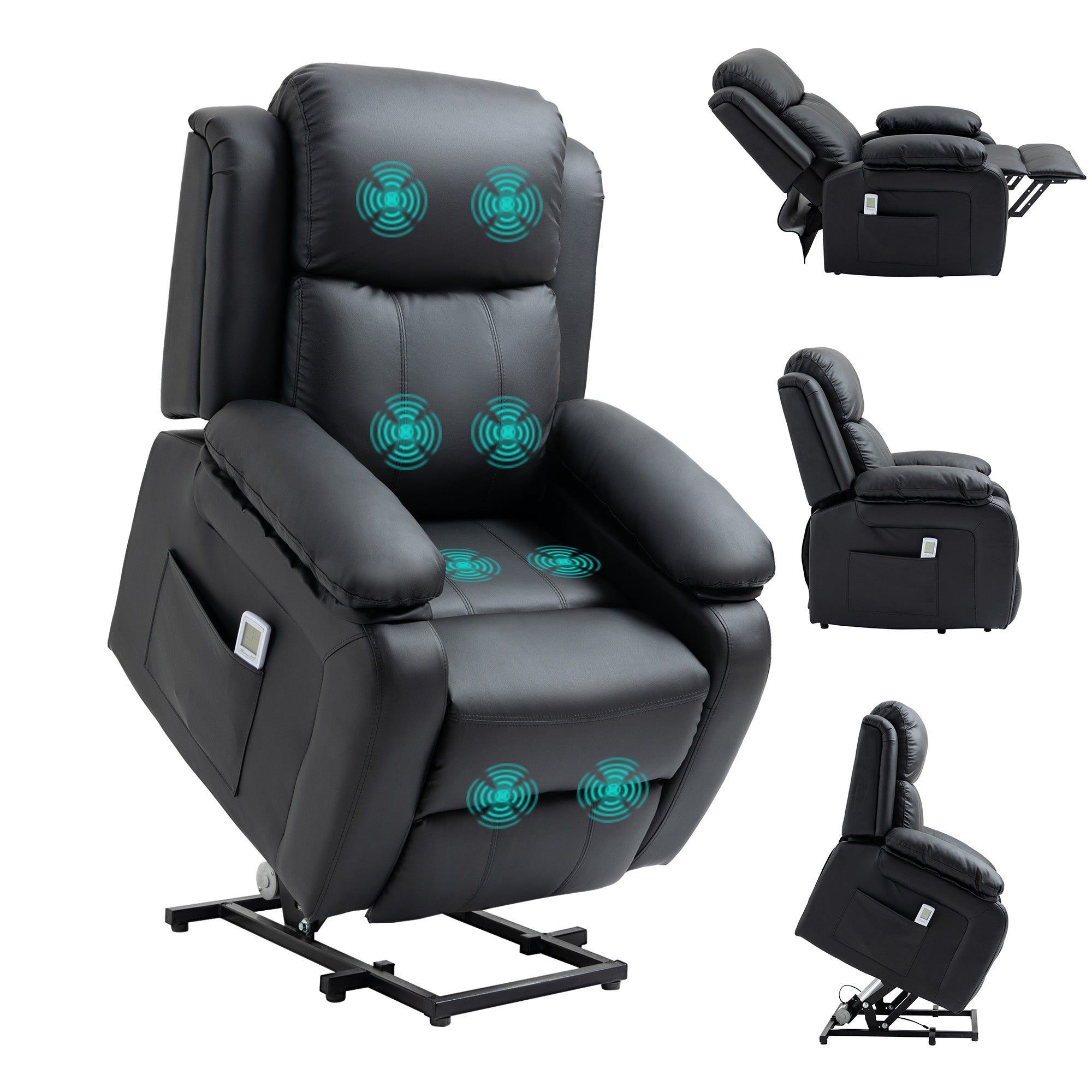 Riser and Recliner Chair with Vibration Massage, PU Leather Power Lift Chair for Elderly with Thick and High Back, Headrest, Removable Armrests, Side Pockets, Electric Lift Armchair, Black