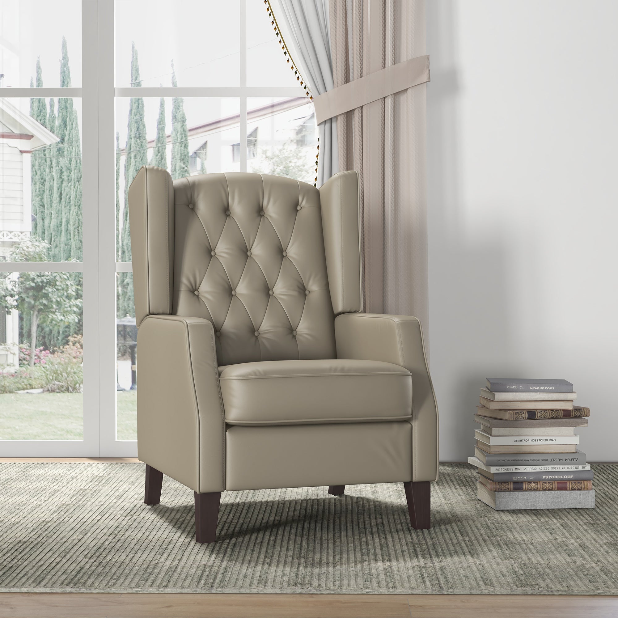 HOMCOM Faux Leather Accent Chair, Upholstered Wingback Armchair, Modern Button Tufted Living Room Chair with Thick Padding, Khaki