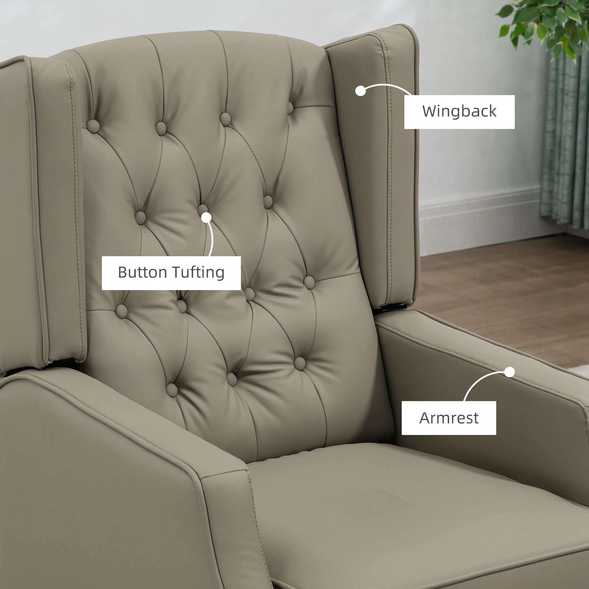 HOMCOM Faux Leather Accent Chair, Upholstered Wingback Armchair, Modern Button Tufted Living Room Chair with Thick Padding, Khaki