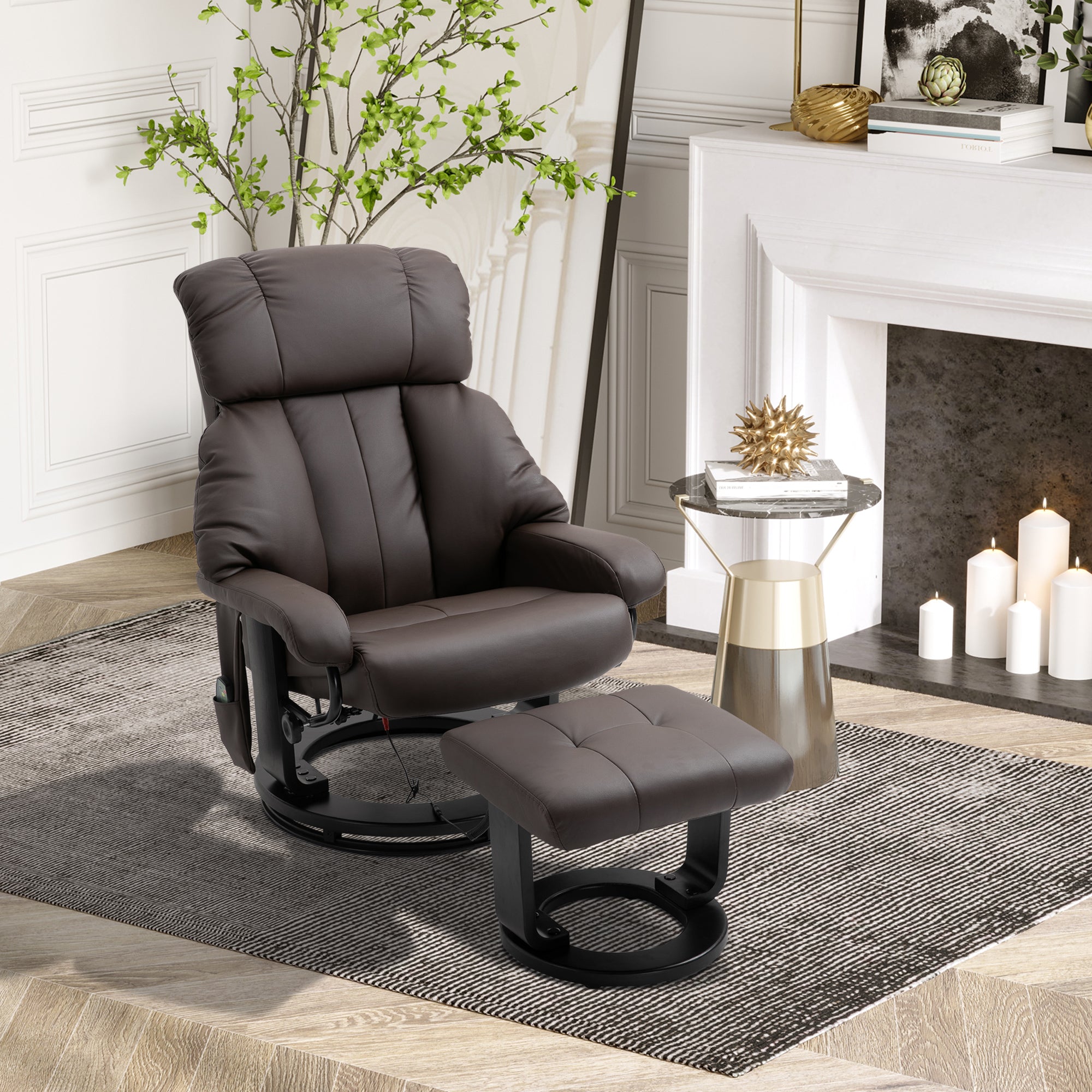 Massage Recliner Chair with Ottoman, 360° Swivel Recliner and Footstool, 10-Point Vibration, PU Leather Reclining Chair with Remote Control, Brown
