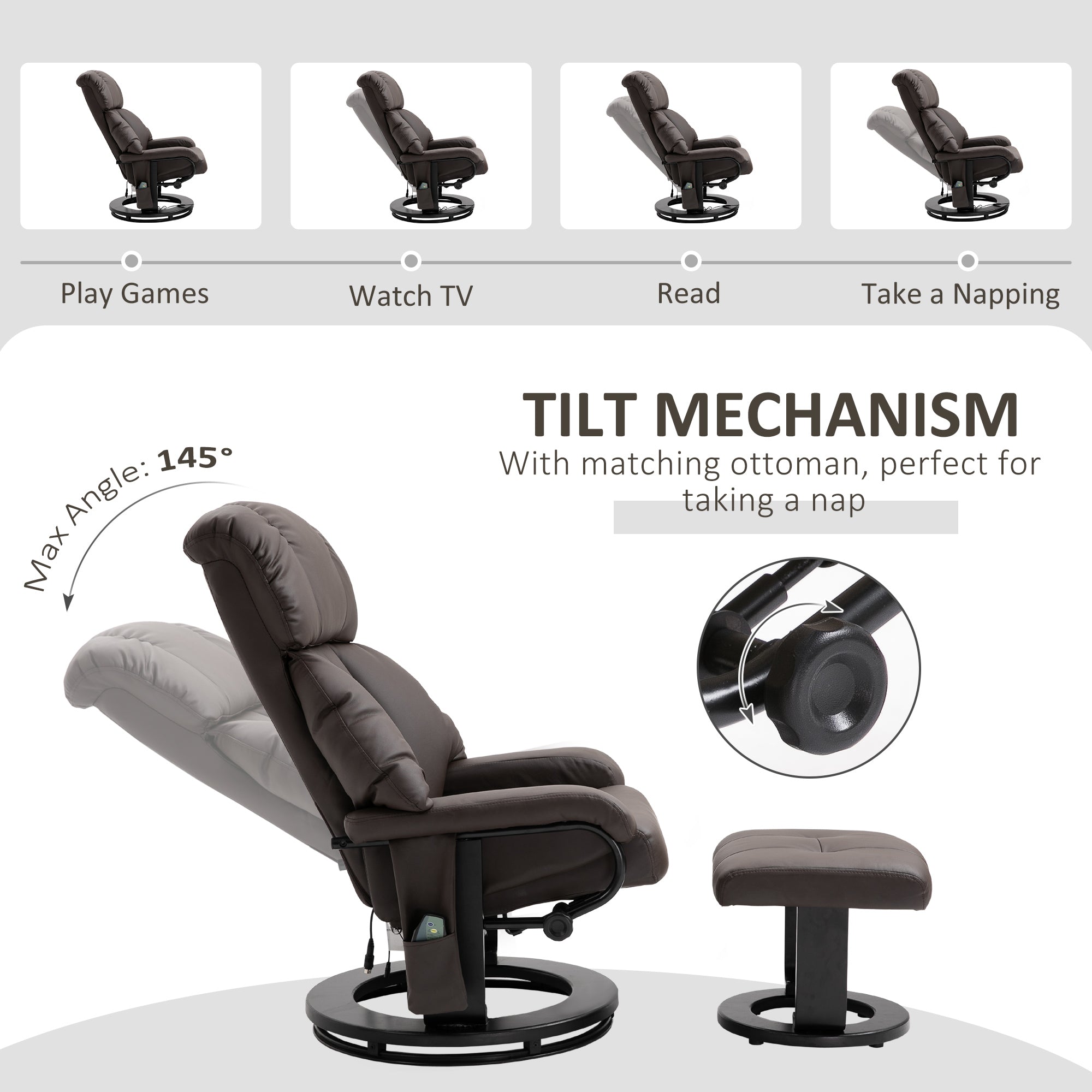 Massage Recliner Chair with Ottoman, 360° Swivel Recliner and Footstool, 10-Point Vibration, PU Leather Reclining Chair with Remote Control, Brown