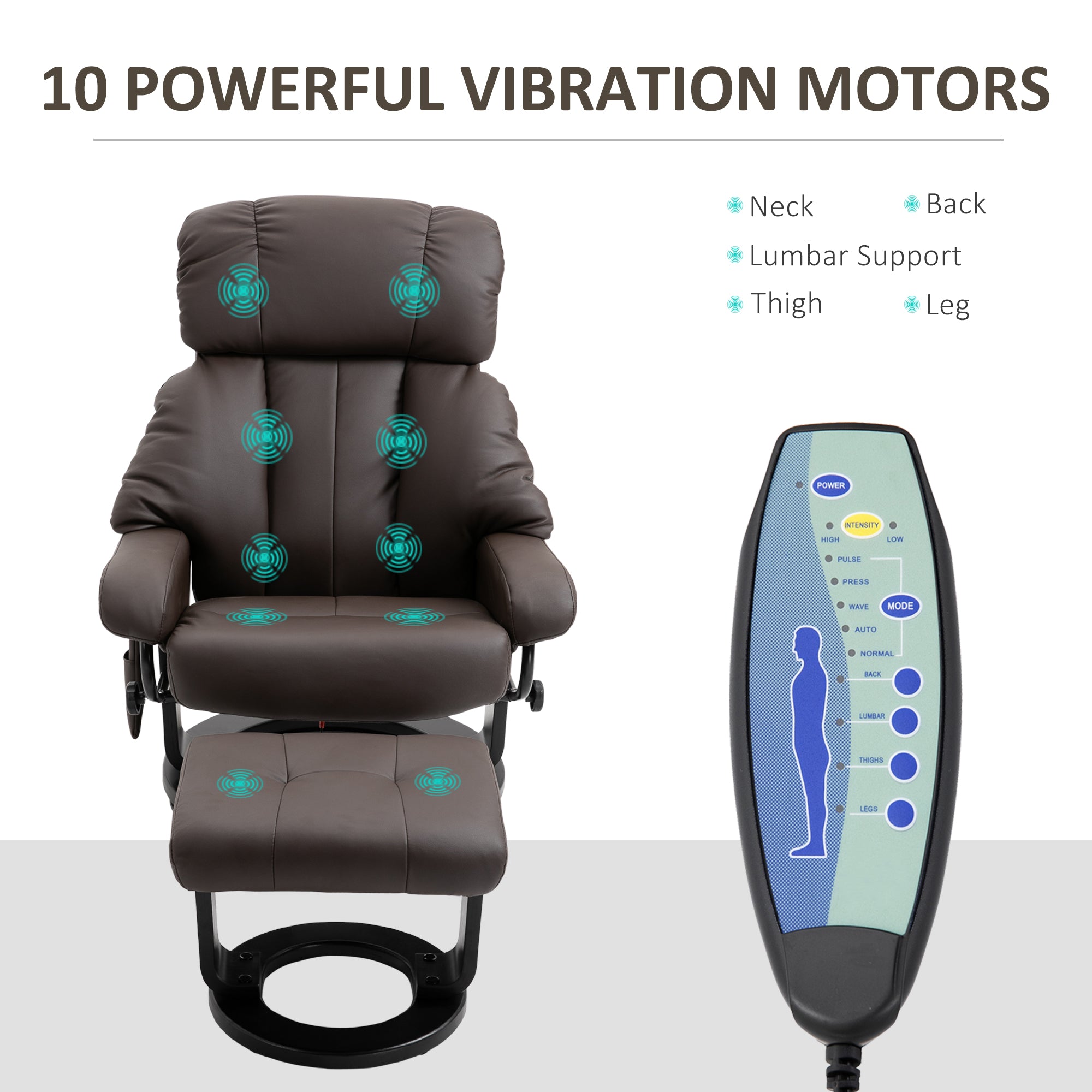 Massage Recliner Chair with Ottoman, 360° Swivel Recliner and Footstool, 10-Point Vibration, PU Leather Reclining Chair with Remote Control, Brown