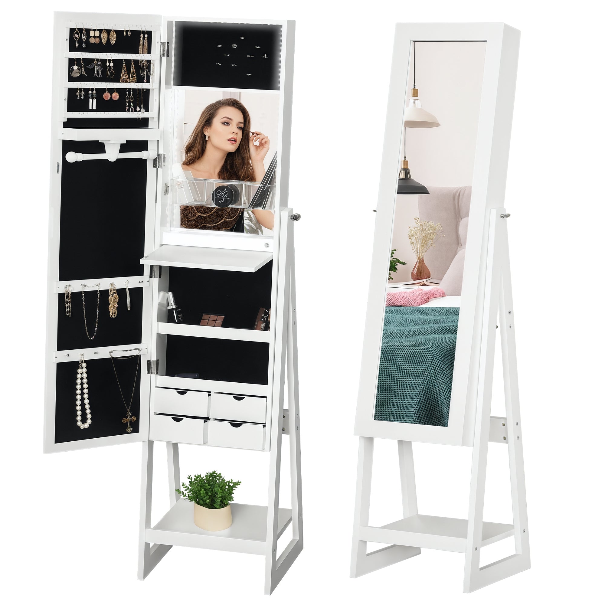 Jewellery Cabinet with Full-Length Mirror, Standing Jewelry Armoire with LED Light, Hooks, Slots, Shelves, Drawers, Folding Panel, Pencil Holders, Mirror with Storage, White