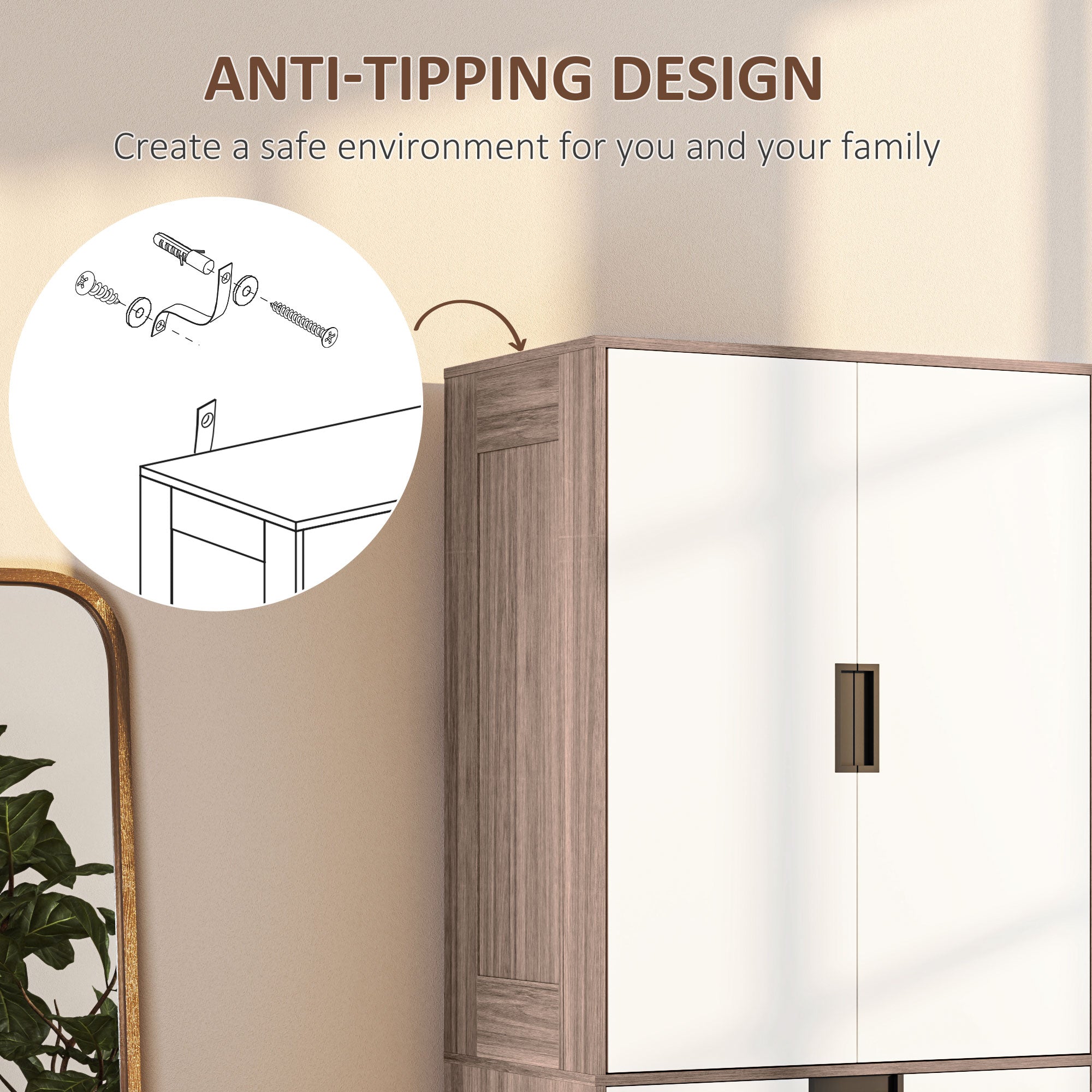 HOMCOM 3 Drawer 2 Door Wardrobe, Modern Clothes Storage Cupboard Unit with Hanging Rod, Bedroom Wardrobe with Soft Closing Hinge, 50D x 80W x 180Hcm, Brown