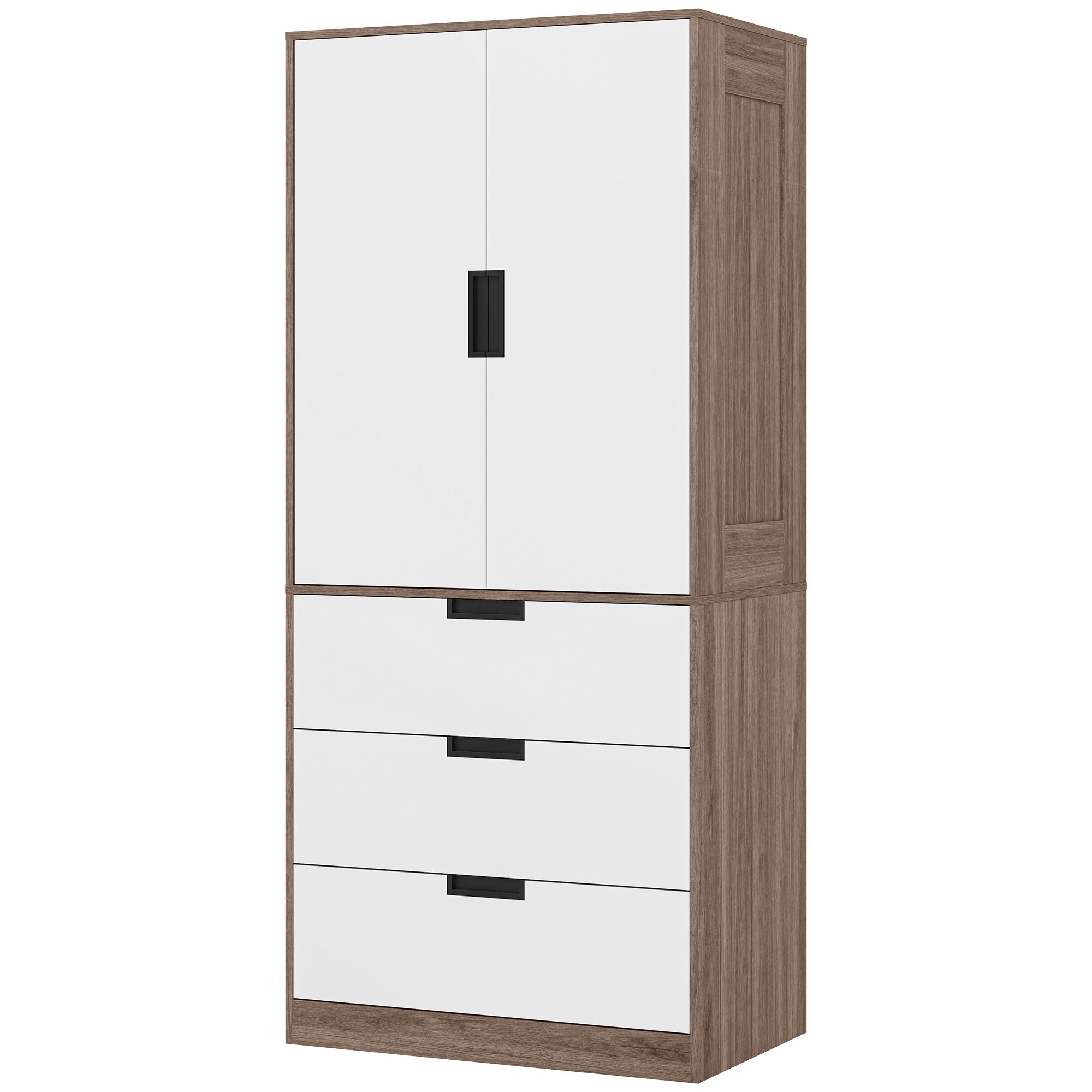 HOMCOM 3 Drawer 2 Door Wardrobe, Modern Clothes Storage Cupboard Unit with Hanging Rod, Bedroom Wardrobe with Soft Closing Hinge, 50D x 80W x 180Hcm, Brown