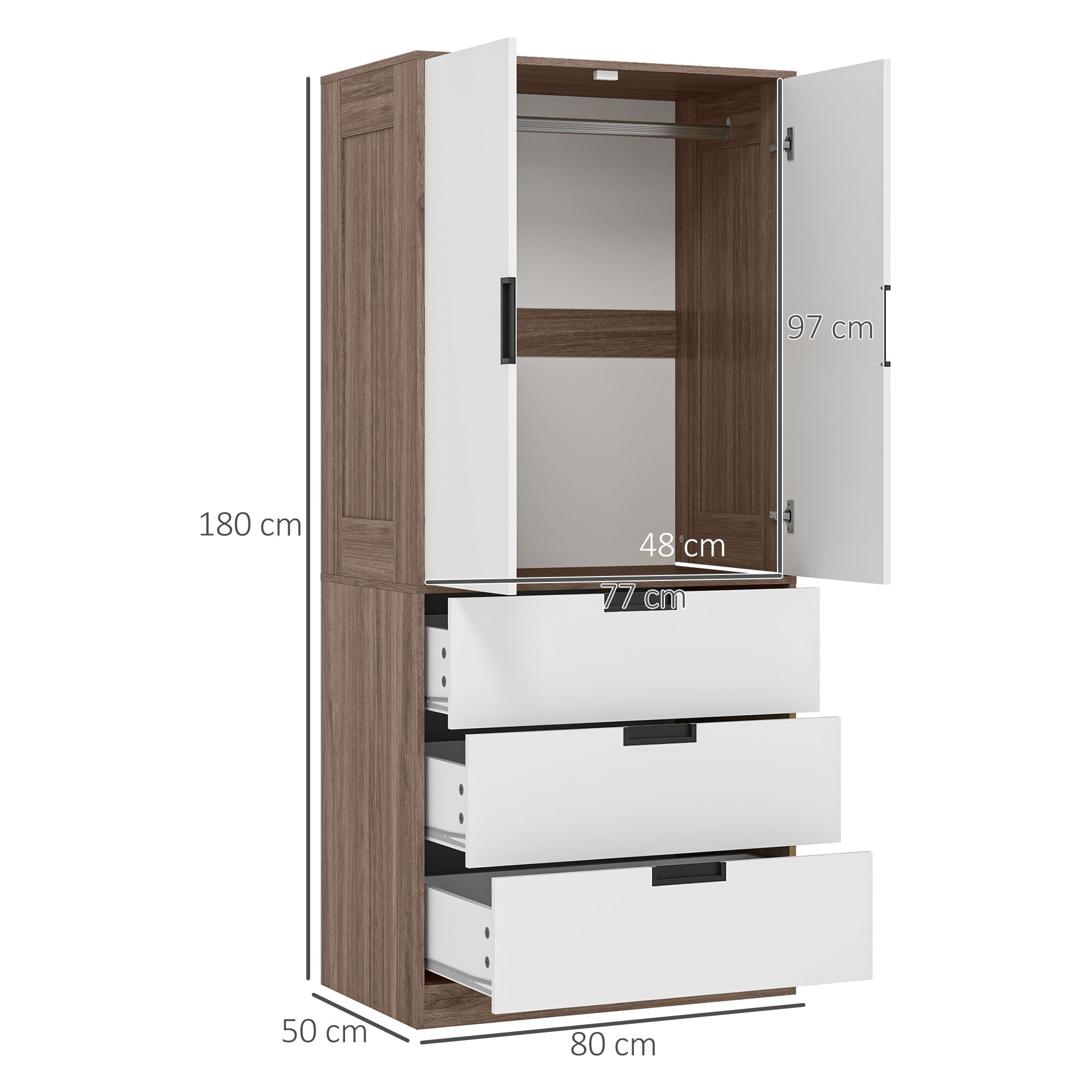 HOMCOM 3 Drawer 2 Door Wardrobe, Modern Clothes Storage Cupboard Unit with Hanging Rod, Bedroom Wardrobe with Soft Closing Hinge, 50D x 80W x 180Hcm, Brown