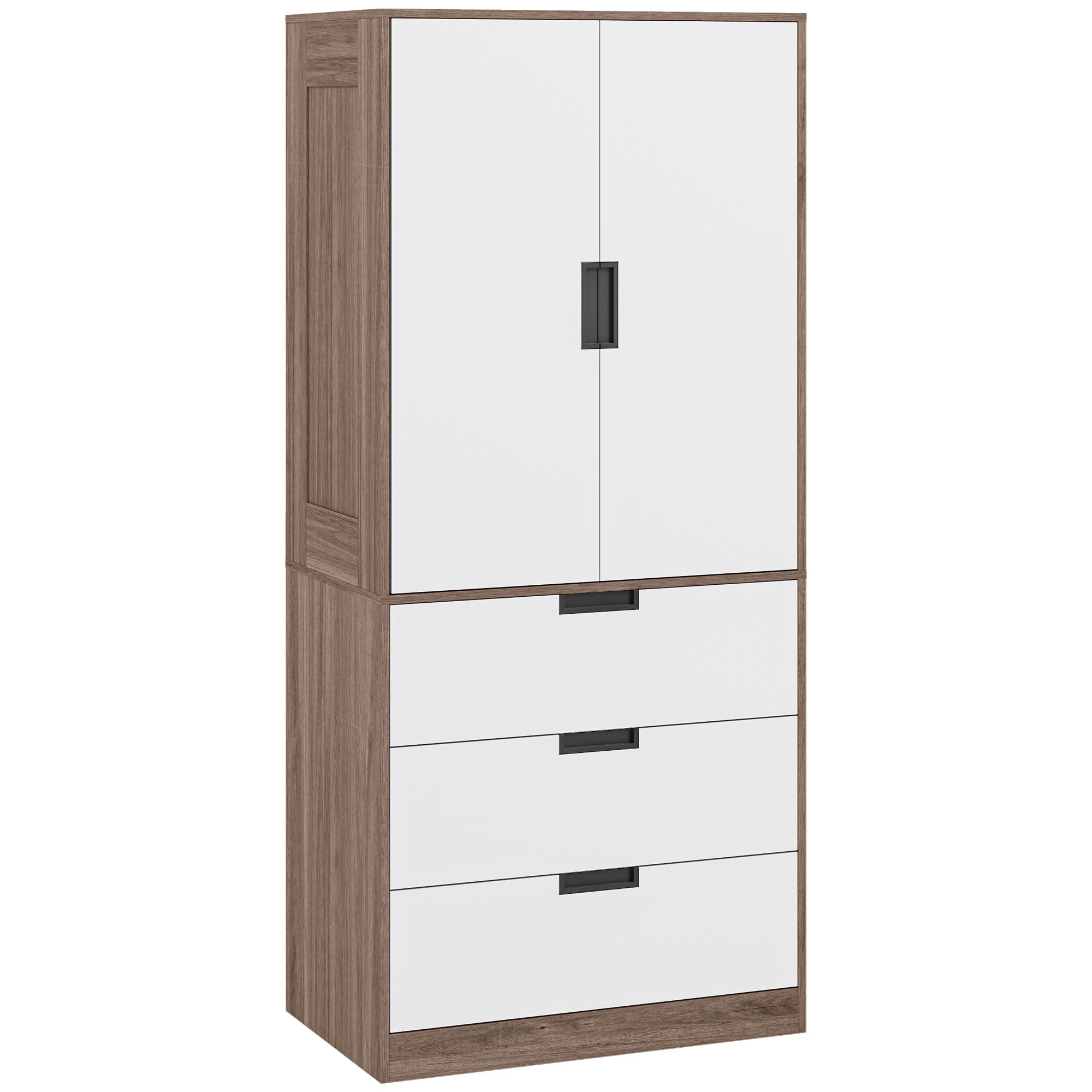 HOMCOM 3 Drawer 2 Door Wardrobe, Modern Clothes Storage Cupboard Unit with Hanging Rod, Bedroom Wardrobe with Soft Closing Hinge, 50D x 80W x 180Hcm, Brown