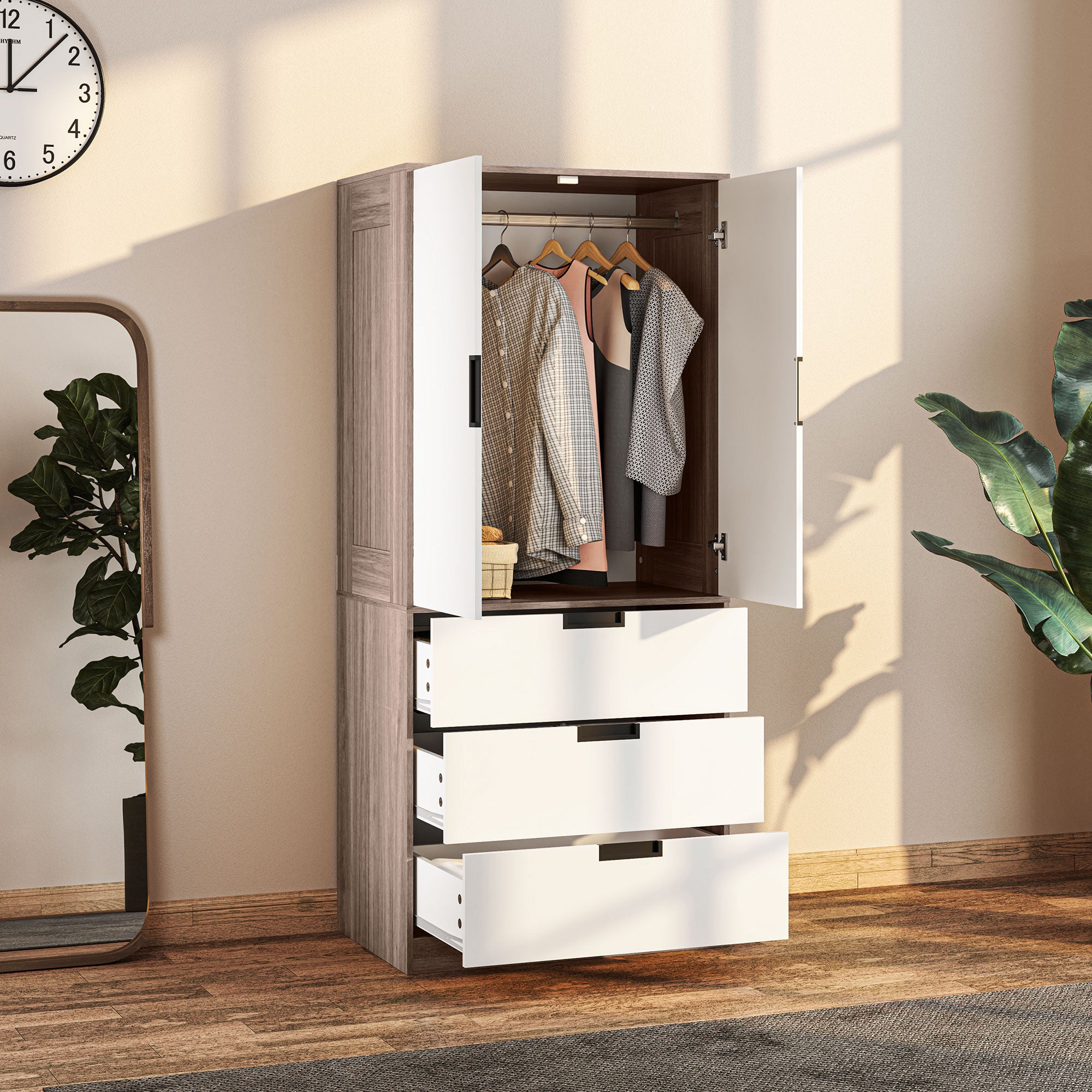 HOMCOM 3 Drawer 2 Door Wardrobe, Modern Clothes Storage Cupboard Unit with Hanging Rod, Bedroom Wardrobe with Soft Closing Hinge, 50D x 80W x 180Hcm, Brown